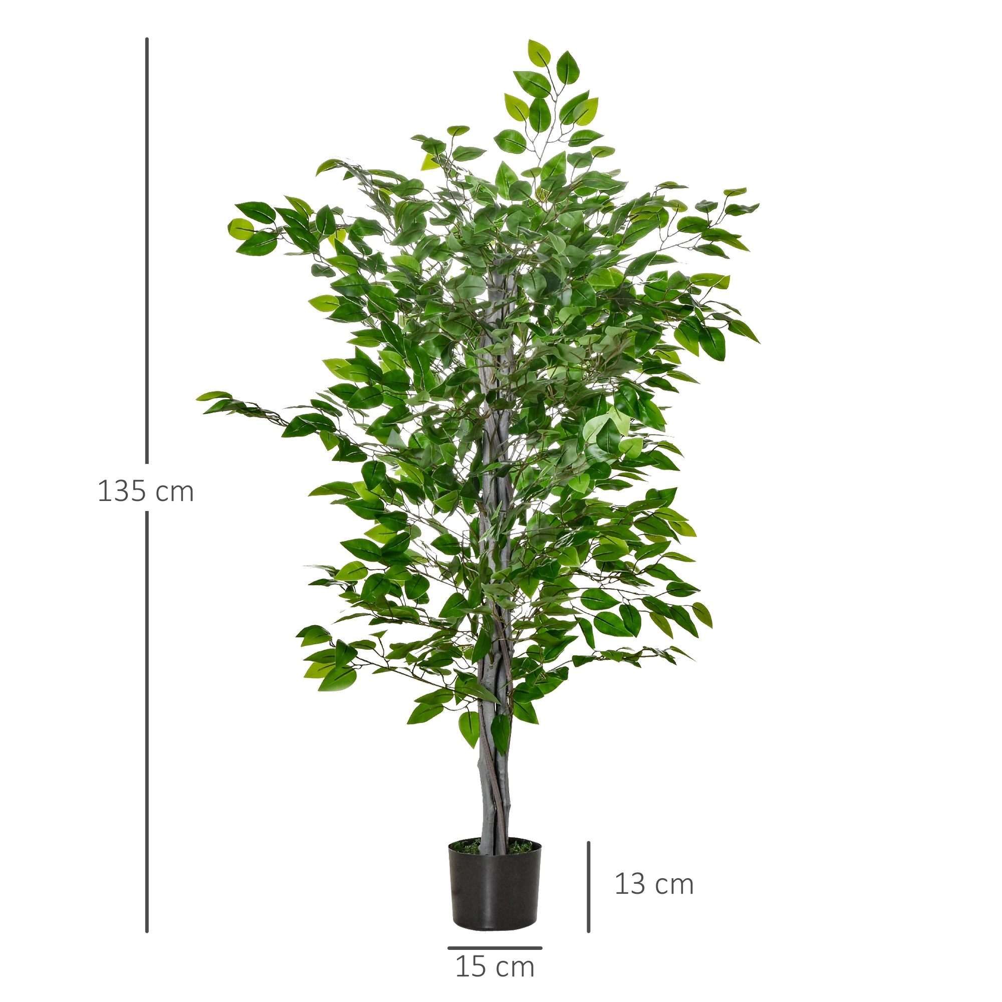 Künstlicher Baum, Ficus-Kunstpflanze, realistisches Aussehen, Zementtopf, 135 cm, pflegeleicht, Kunststoff, Grün