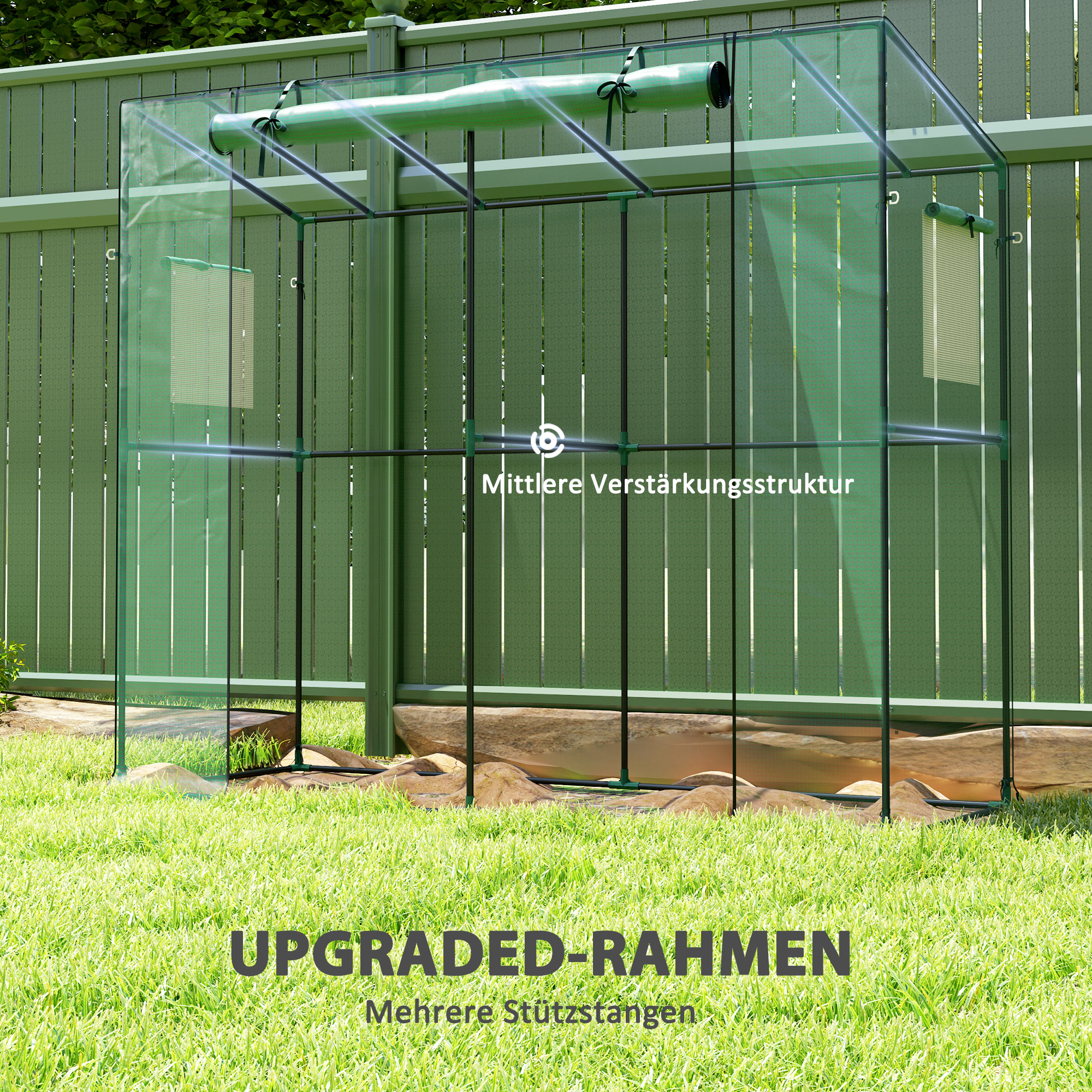 Mini-Gewächshaus, Anlehn-Gewächshaus mit Rolltür und Netzfenstern, UV-beständig, für Blumen, Setzlinge, Pflanzen, Grün
