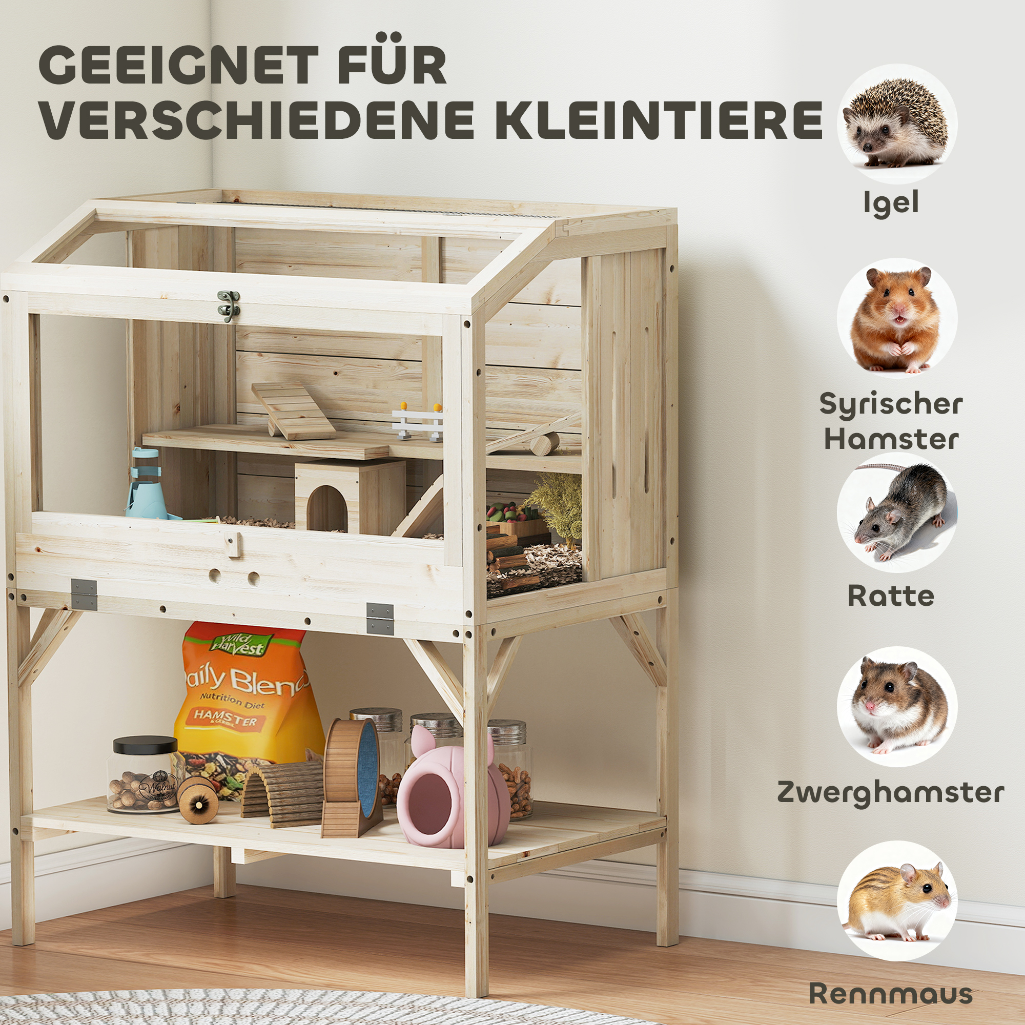 Hamsterkäfig, 2 Ebenen, Kleintierkäfig mit Aufbewahrungsfach, Zubehör, 84 x 53 x 110 cm, Naturholz