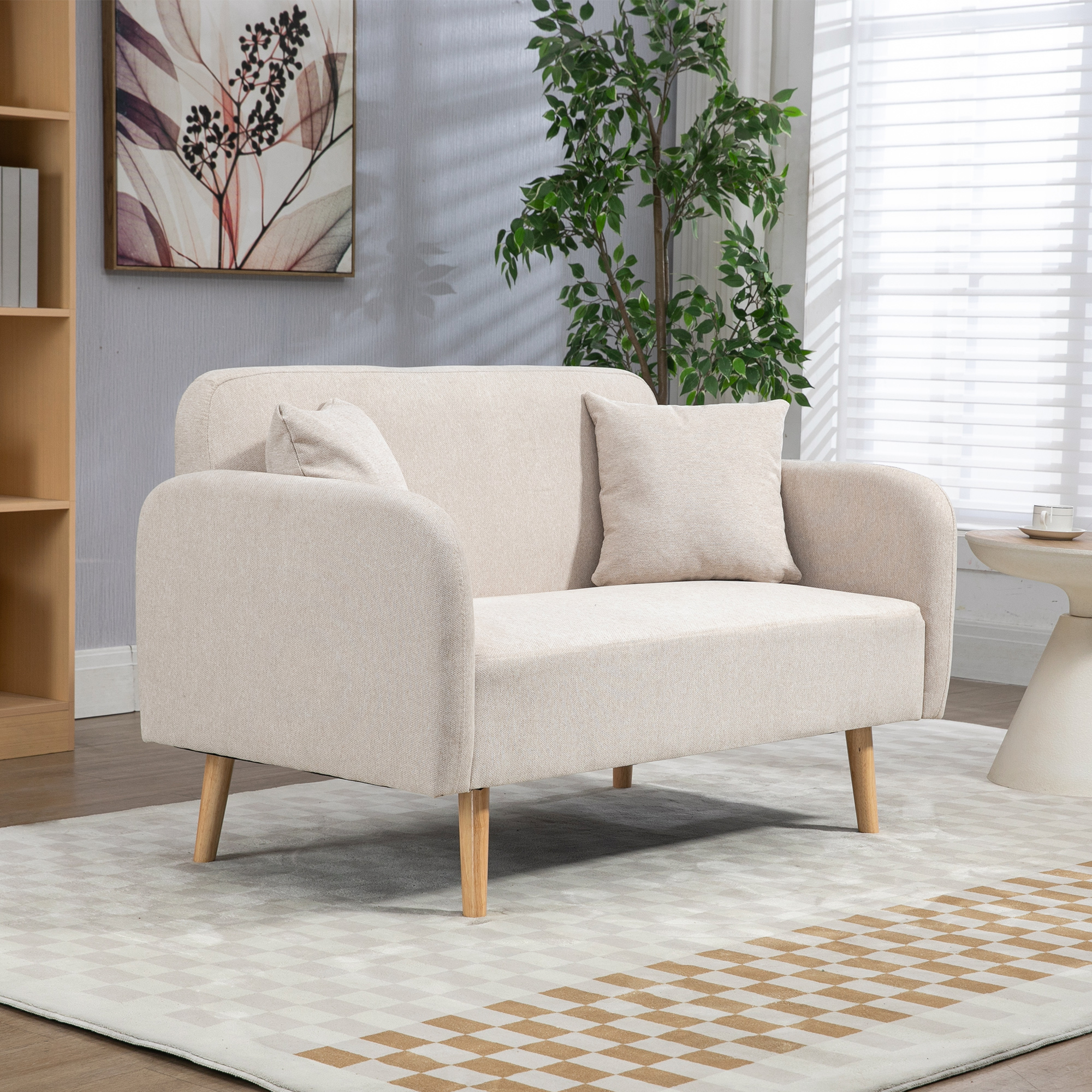2er-Sofa Sofa Couch, Modern-Design, inkl. 2 Kissen, Holzbeine, 130 x 70 x 80 cm, Creme