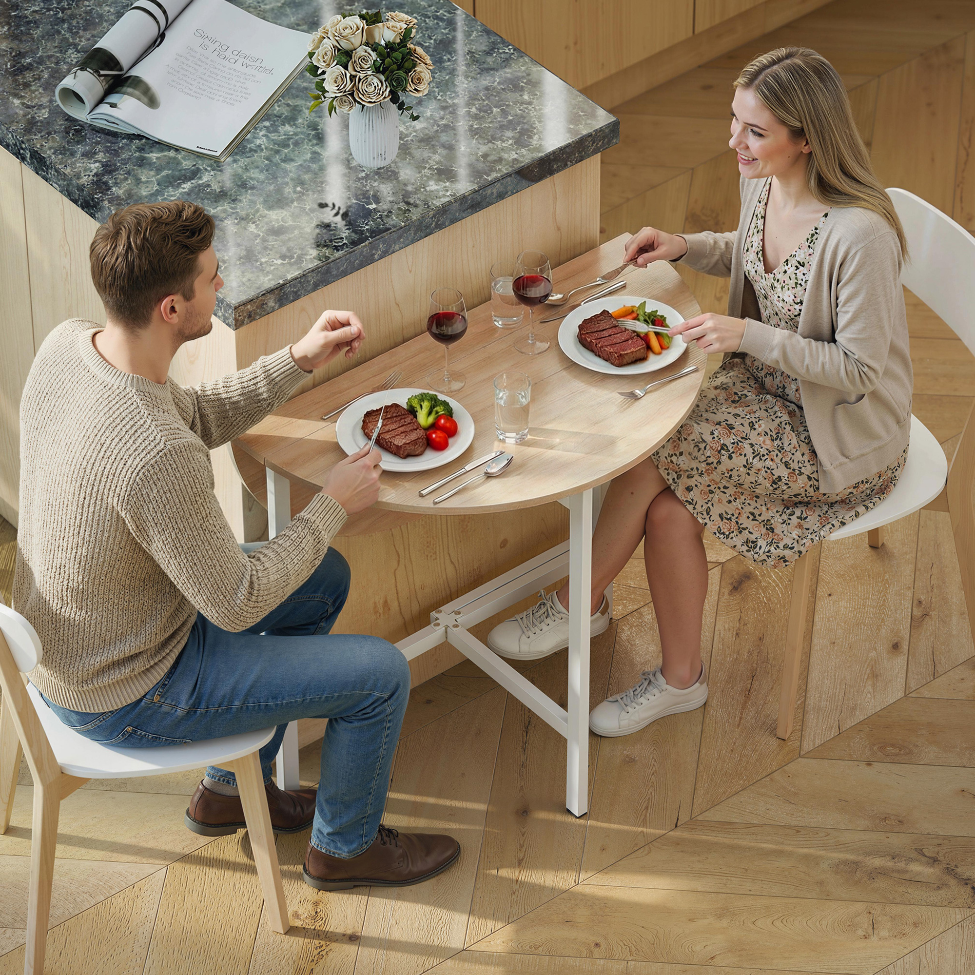 klappbarer Esstisch, 80 cm Runder Klapptisch mit Stahlrahmen, Platz für 2-4 Personen, Naturholz-Optik