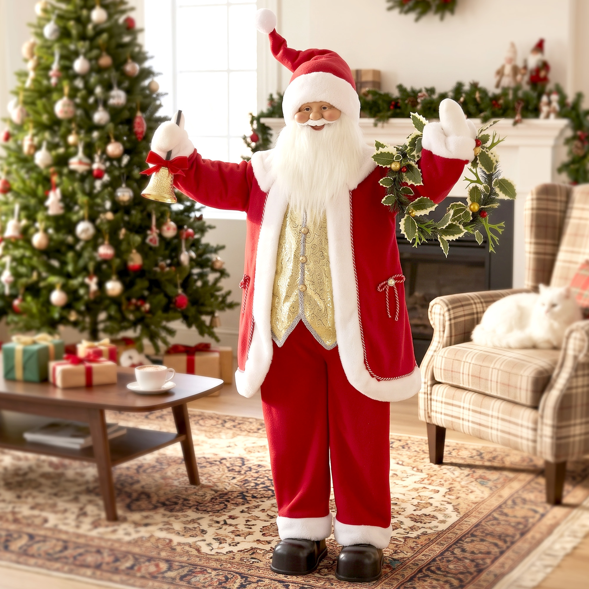 Singender Weihnachtsmann, 150 cm, stehende animierte Weihnachtsfigur mit Glocke und Kranz, per Sound/Berührung aktiviert