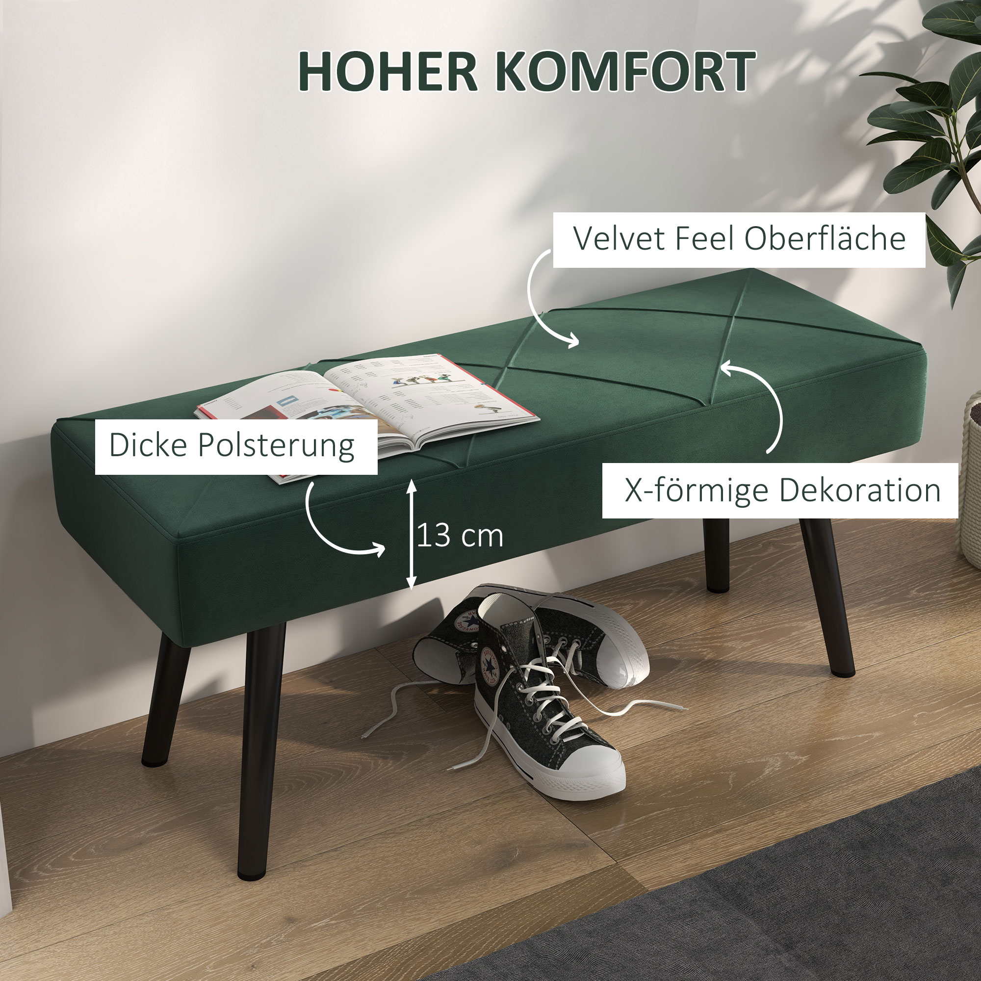 Sitzbank Polsterbank Bettbank, Samtoptik, 100 x 36 x 45 cm, Grün