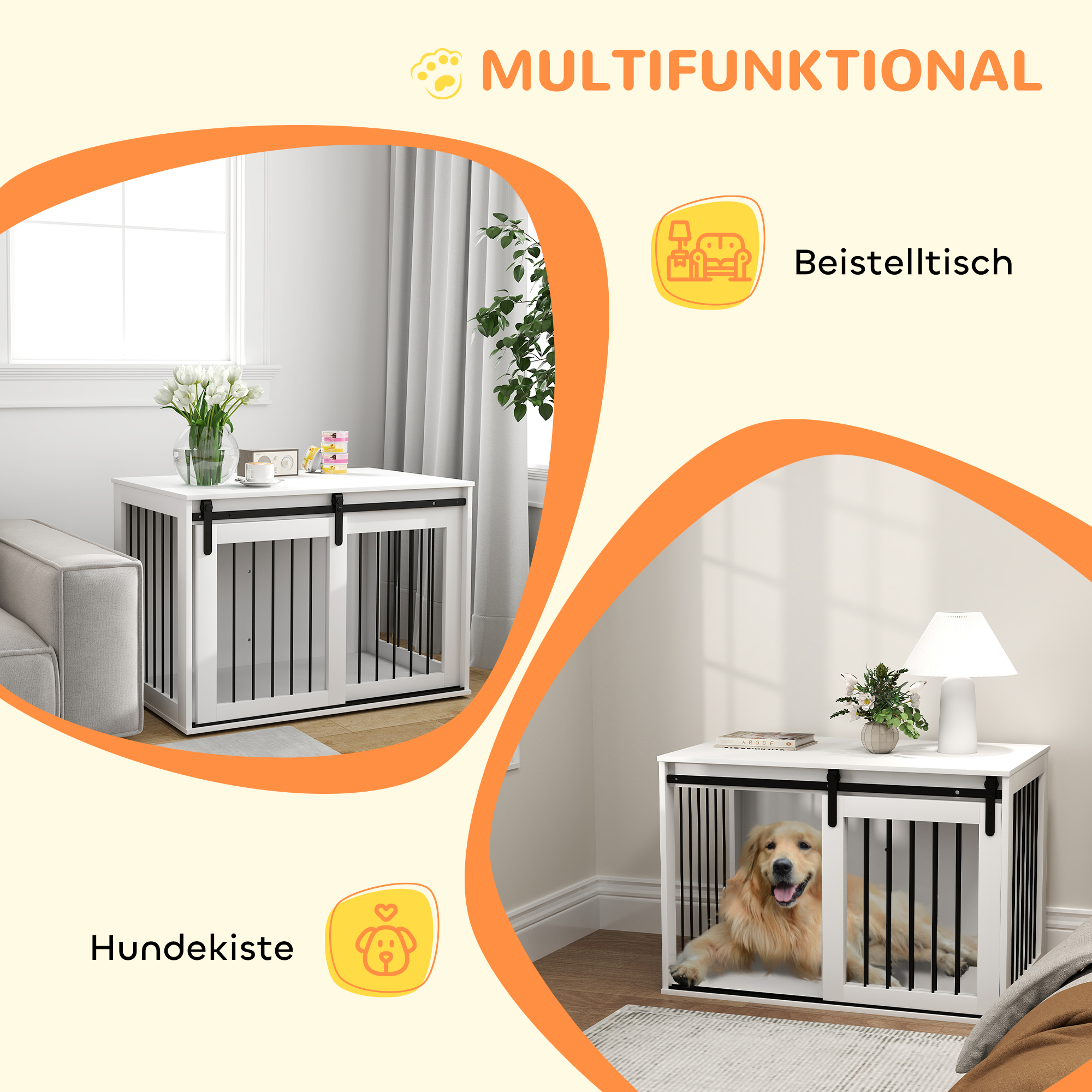 Hundebox mit Schiebetür, Belüftung, Spanplatte und Stahl, 98 x 58 x 61 cm, Walnuss