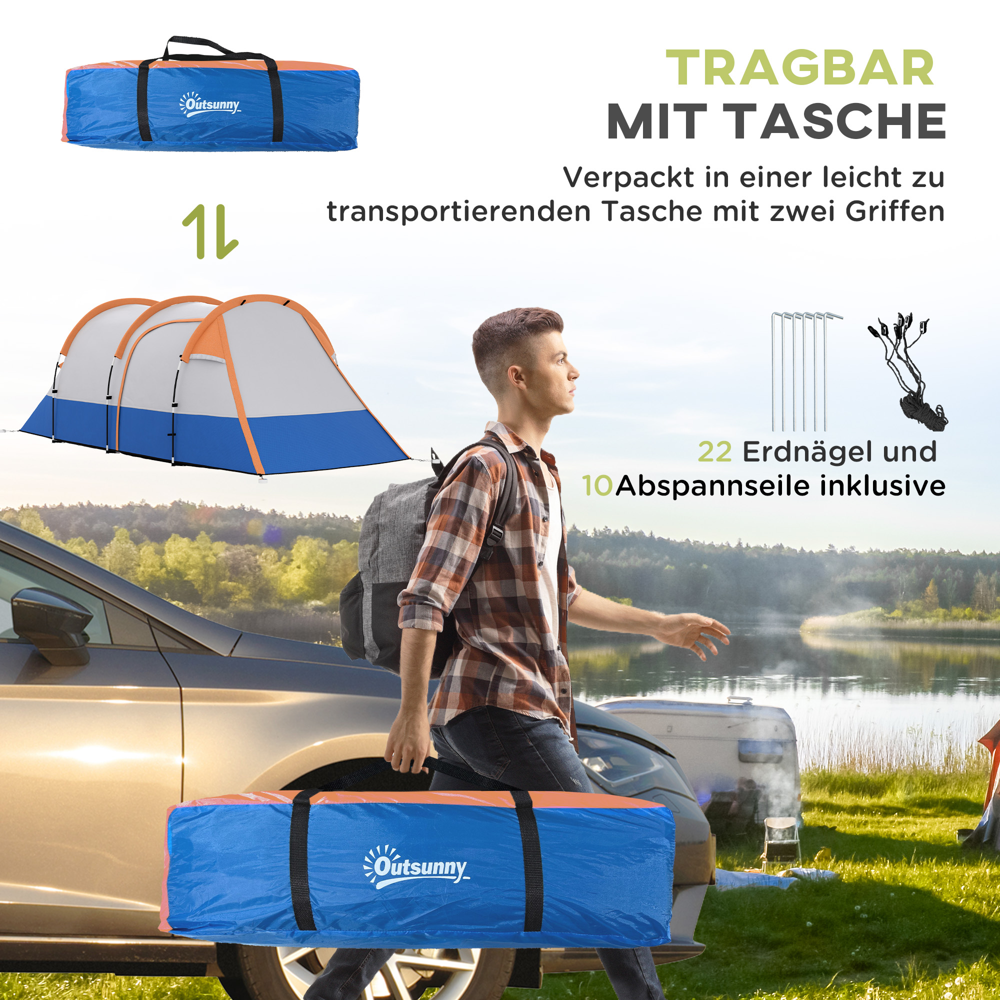 Campingzelt, für 3 Personen, Laternenhaken, drei Eingänge, wasserdicht, Orange