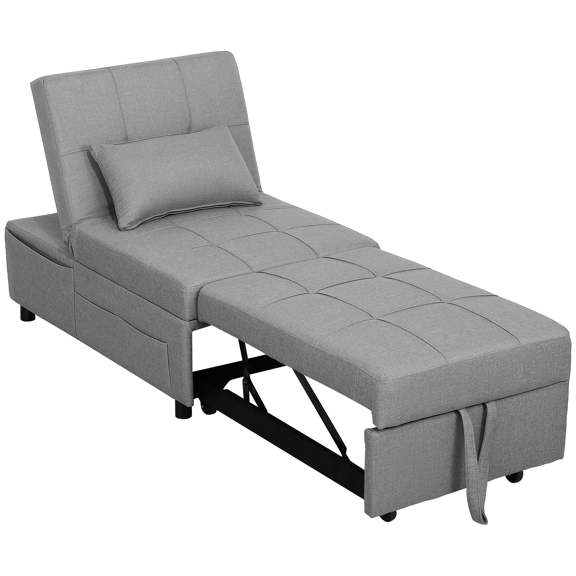 3-in-1 Klappsessel mit Seitentasche, Gästebett mit Kissen, Verstellbarer Rückenlehne, Bettsessel mit Rollen, Hellgrau