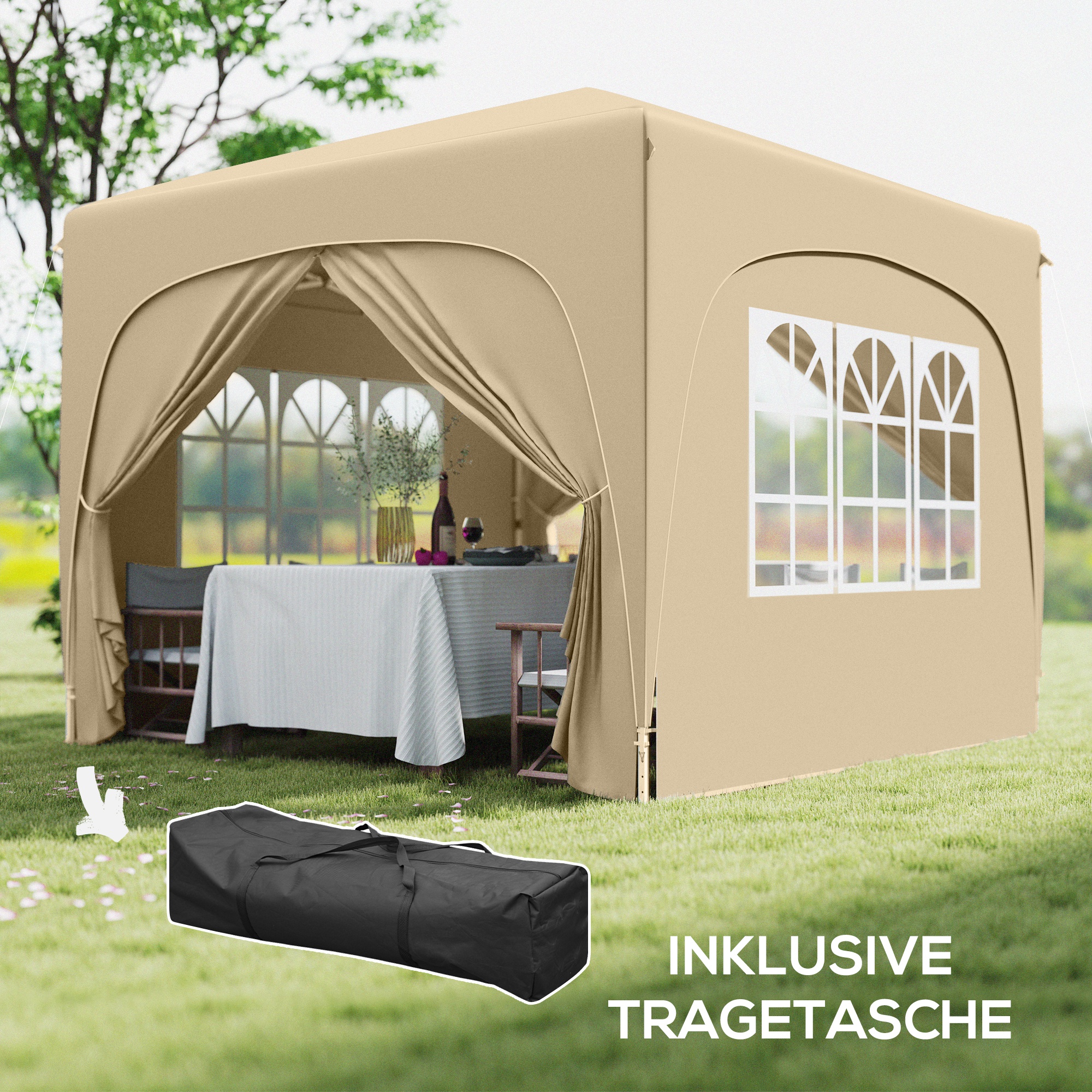 3 x 3 m Pavillon, Pop-up Gartenzelt mit Seitenwänden und Tragetasche, UPF50+, höhenverstellbar, Sand