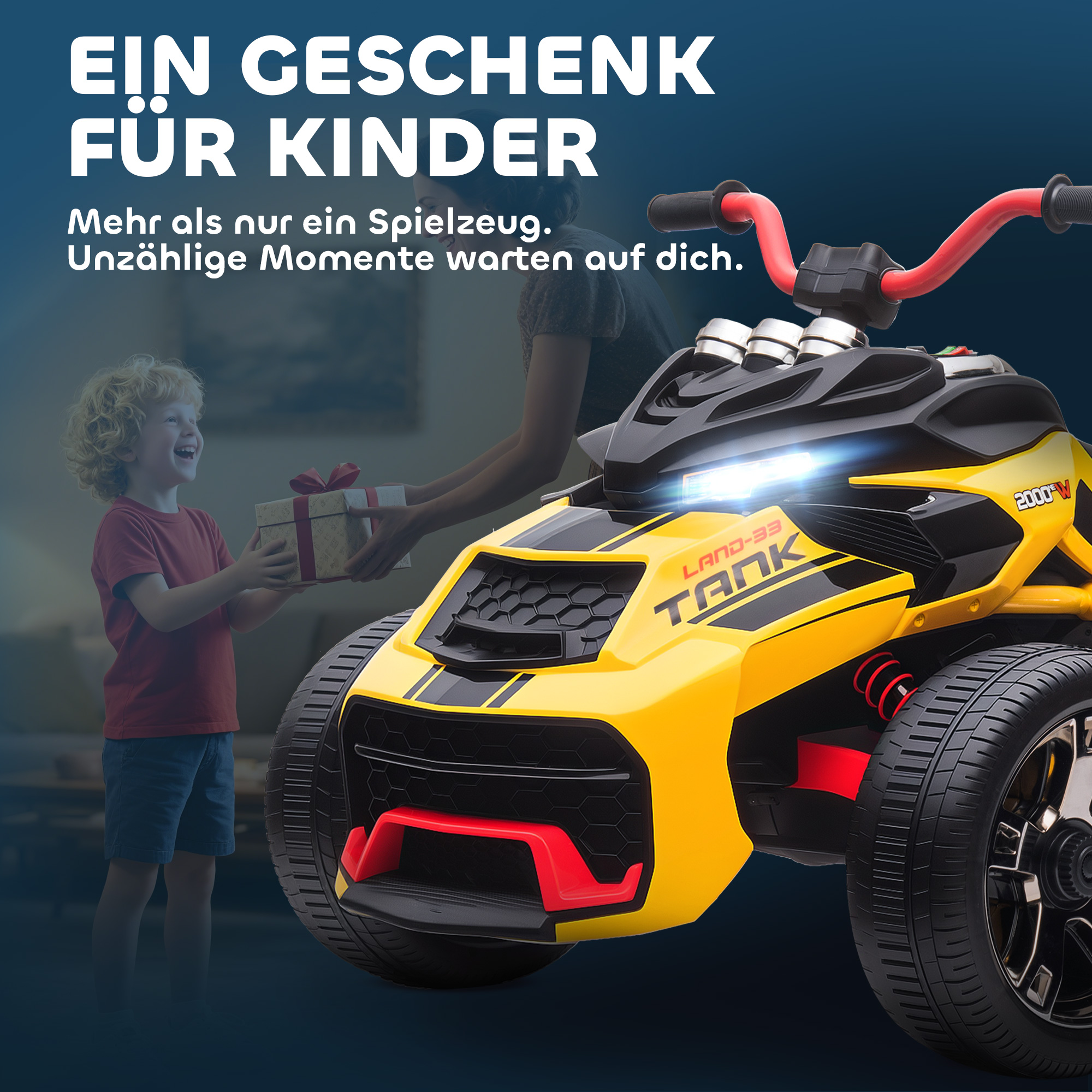Kinderfahrzeug, Reverse-Dreirad-Design, Batteriebetrieb, MP3-Player, Hupe, 2 Geschwindigkeiten, LED-Lichter, 3-8 Jahre, Gelb