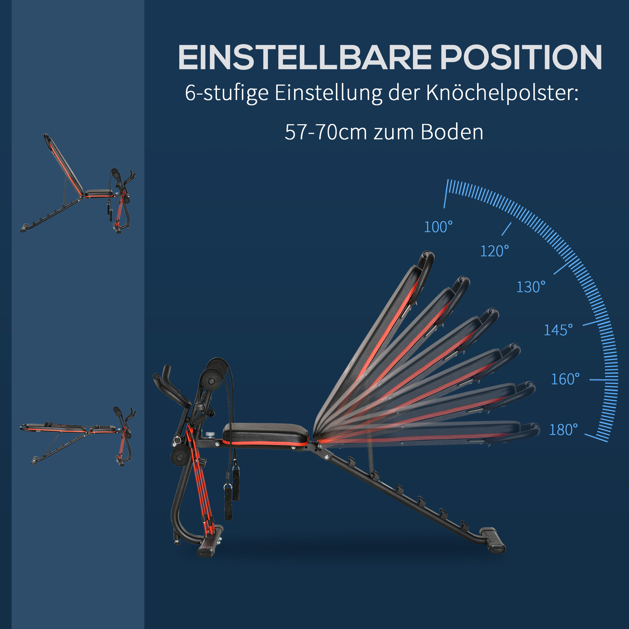 Hantelbank verstellbare Trainingsbank mit elastischer Seils Sit Up-Bank für Heimtraining 6 Stufen Rückenlehne-Gefälle Gewicht bis 150 kg Stahl Kunstleder Schwarz+Rot 145 x 49 x 48-127 cm
