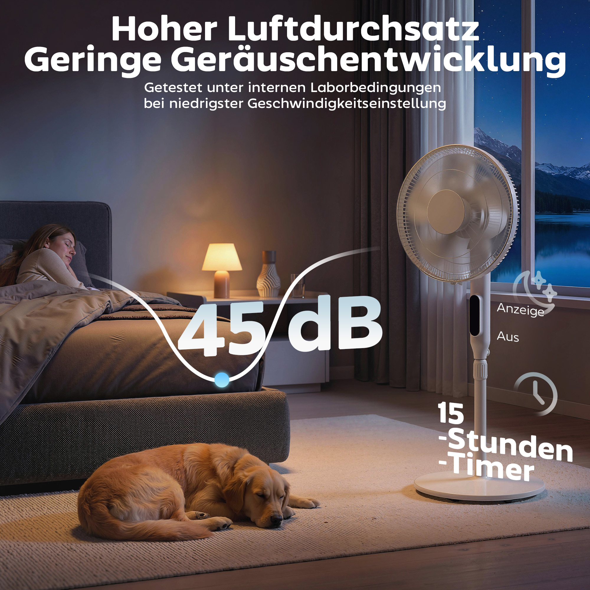 Standventilator mit 15-Stunden-Timer, 85° Oszillation, LED-Bedienfeld, Fernbedienung, weiß