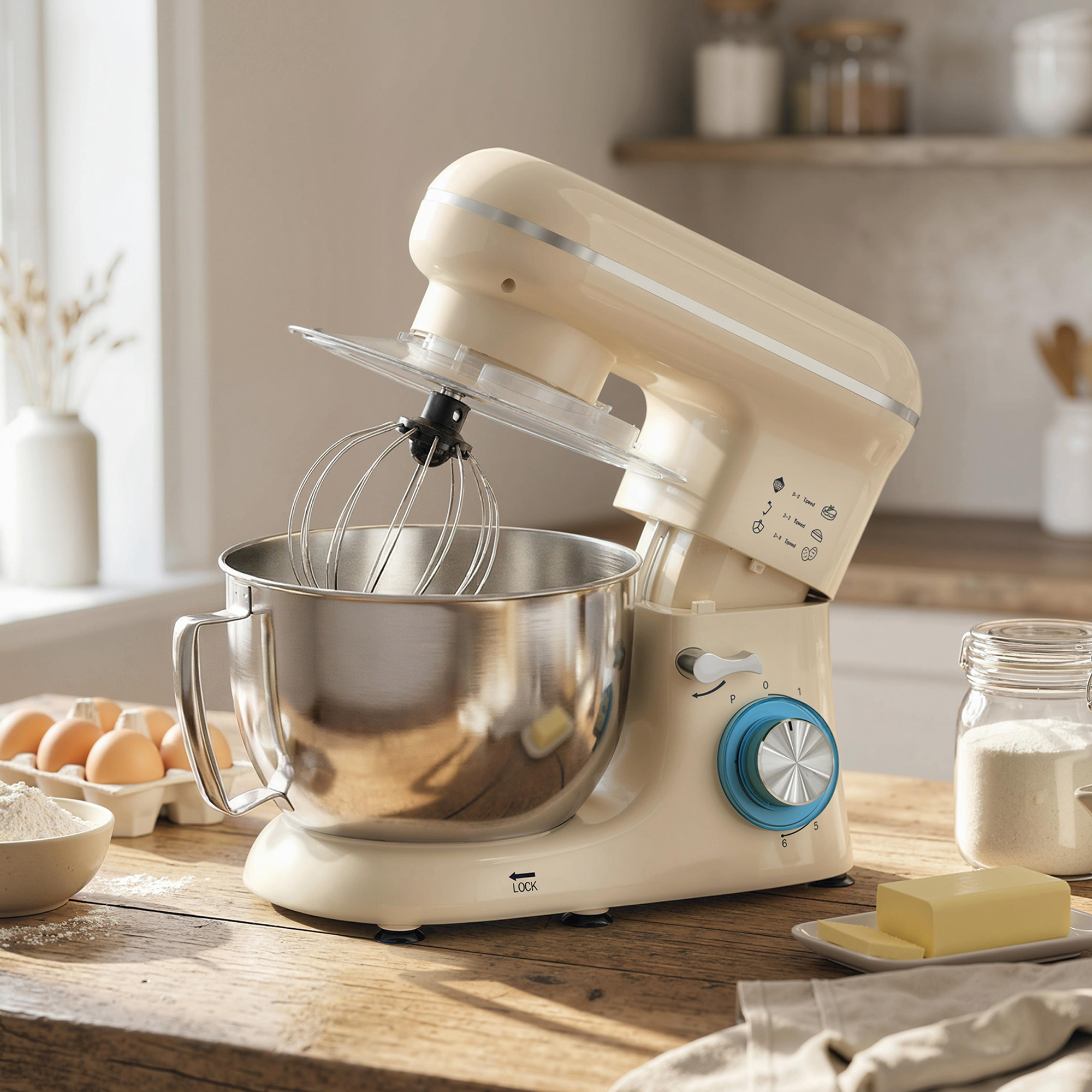 Küchenmaschine Knetmaschine mit 4,5L Edelstahlschüssel 1300W Teigmaschine mit 6+P Geschwindigkeit Beige