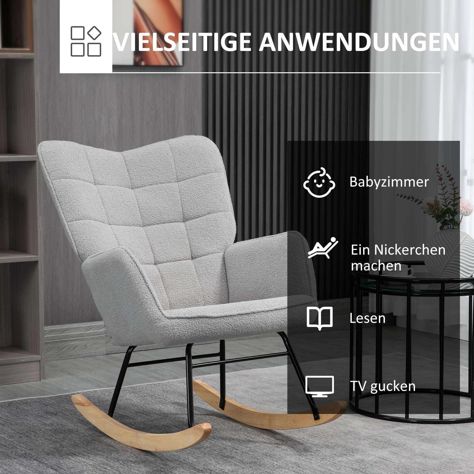 Schaukelstuhl im Retro-Design, Massivholz, Schwingsessel, 71 cm x  92 cm x 101 cm, Hellgrau