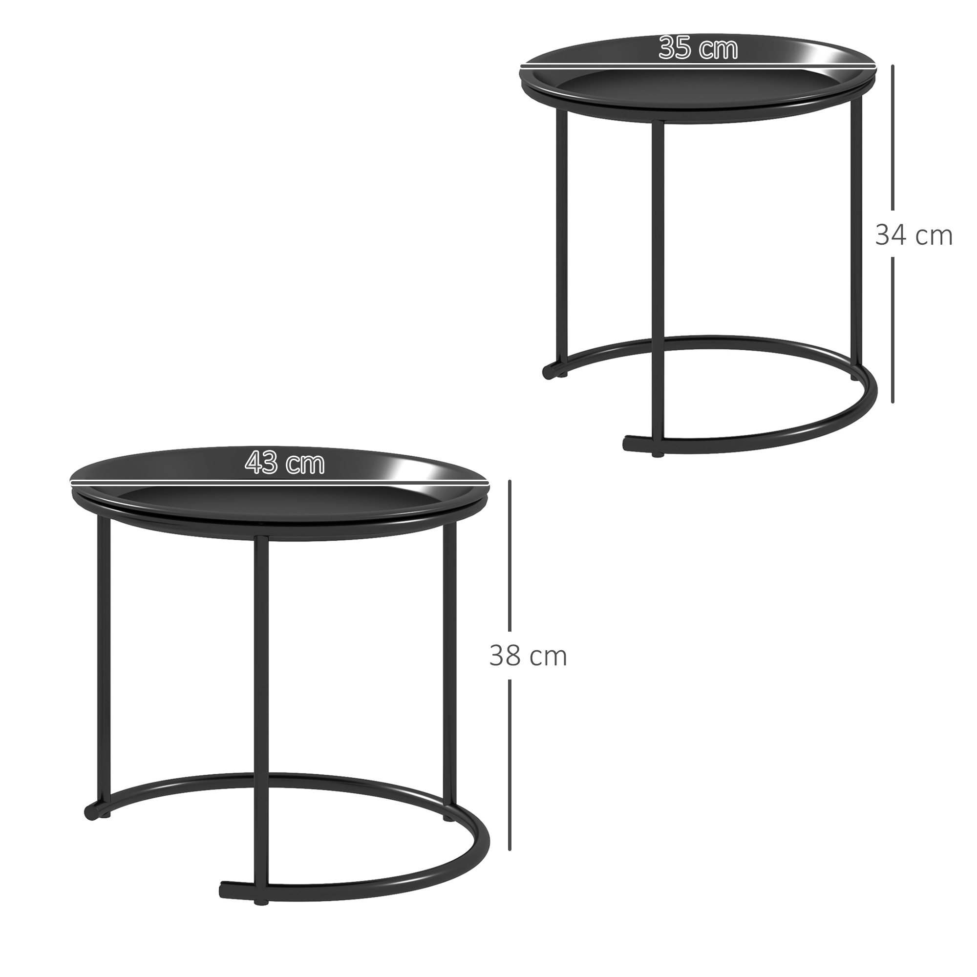 2er-Set Beistelltische aus Metall, ineinander verschiebbar, Tischplatten als Tabletts verwendbar, Schwarz
