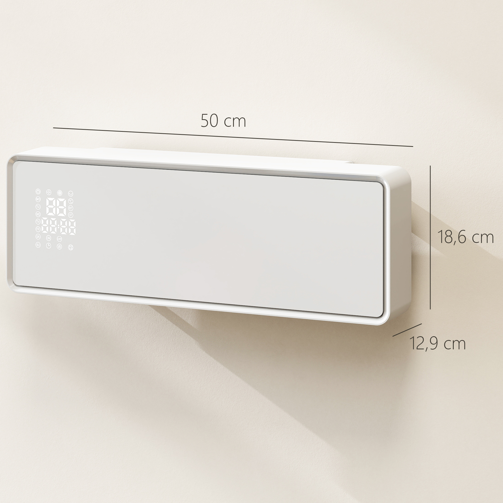 Wandmontierter 2000W Keramik Elektroheizer, Ventilator, Thermostat, Timer, Fernbedienung, Glaspaneel, Weiß