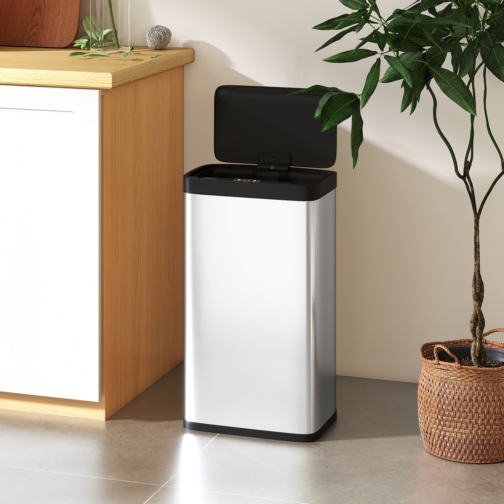 Sensor-Mülleimer, 45L Küchenmülleimer mit Soft-Close-Deckel, Bewegungssensor für Küche, Schlafzimmer, Büro, Silber