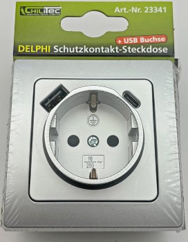 DELPHI Schutzkontakt-Steckdose, silber / 230V~/ 16A, Unterputz, USB-C / PD