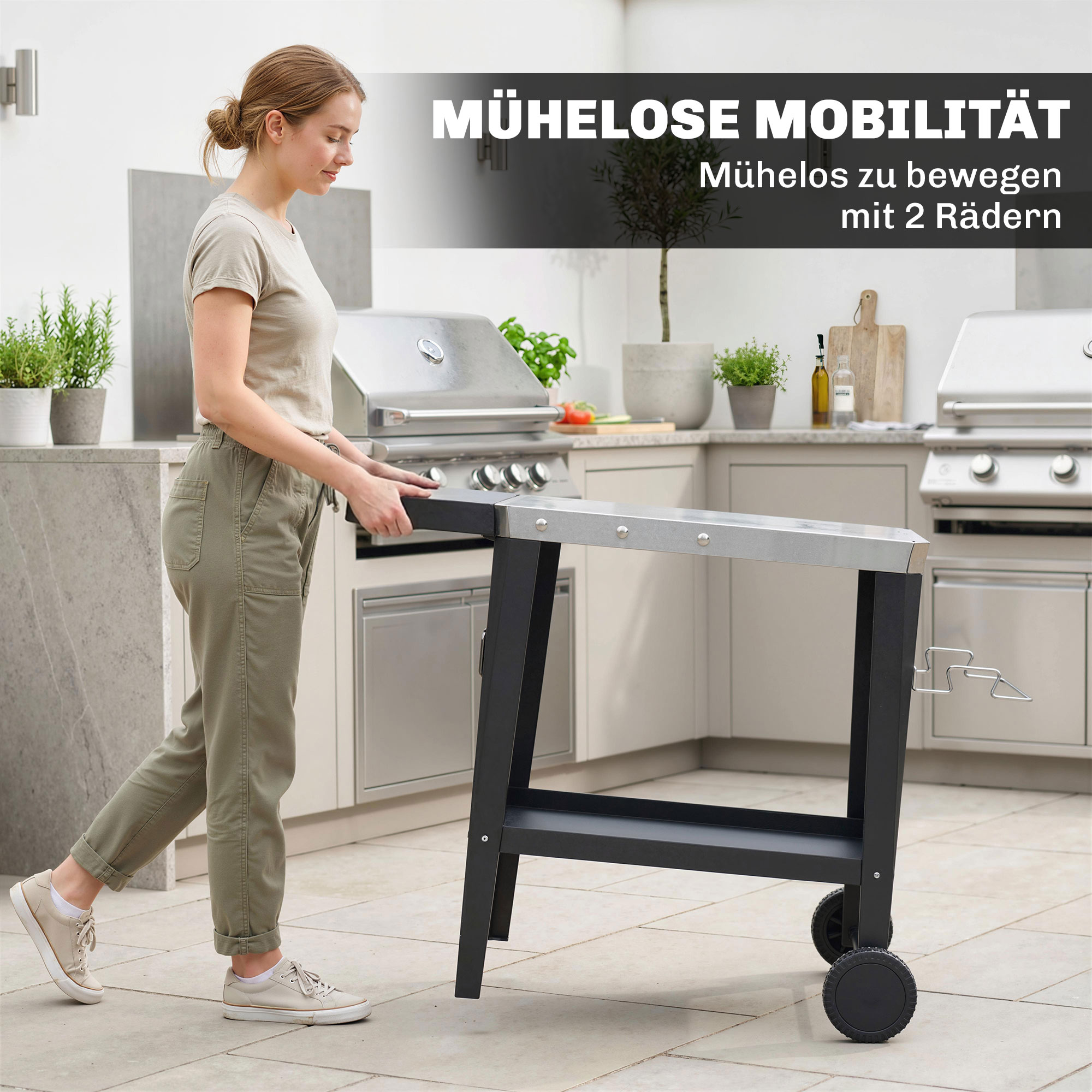 Küchenwagen mit Rollen Servierwagen mit Haken Papierrollenhalter Müllsackständer Edelstahl 115 x 67,5 x 80,5 cm Schwarz