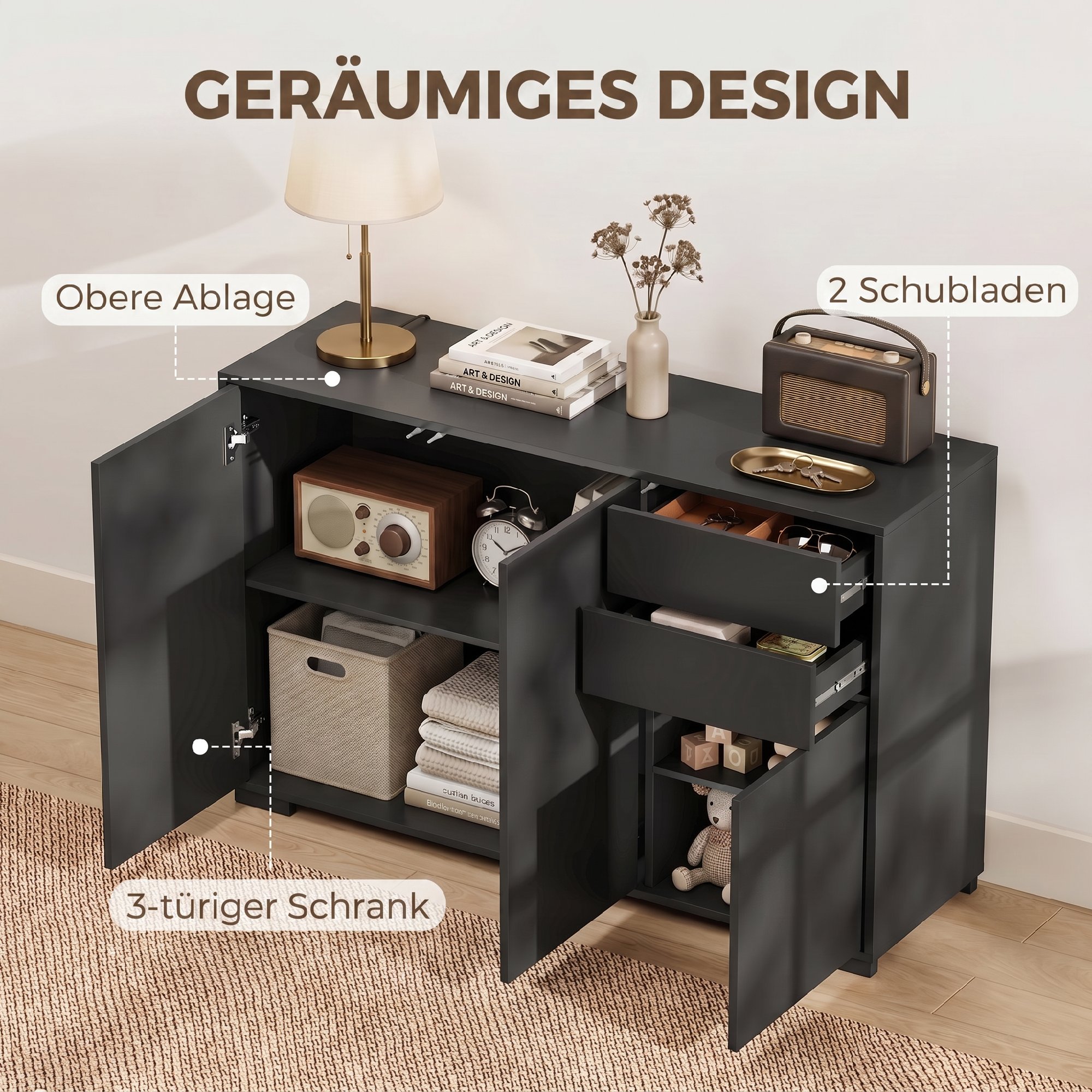Sideboard Kommode Anrichte, 2 Schubladen, Push-Click, 117 cm x 36 cm x 74 cm, Schwarz