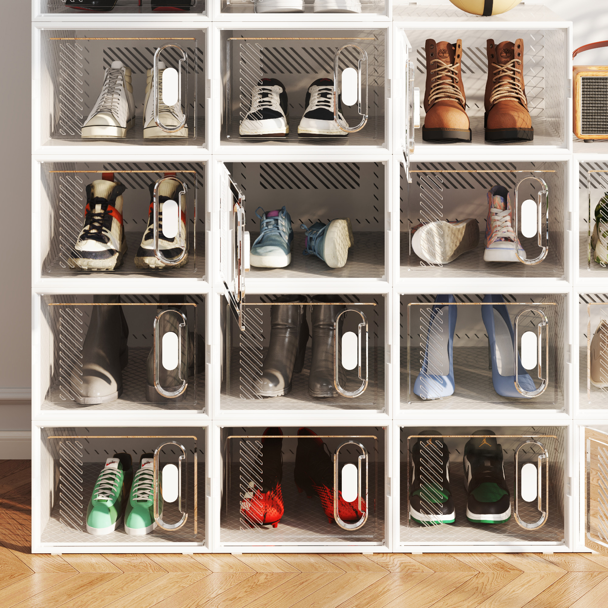 8-teiliges Schuhregal, stapelbare Schuhboxen für Schuhe bis Größe 46, magnetische Türen, Kunststoff, 28 x 36 x 21 cm