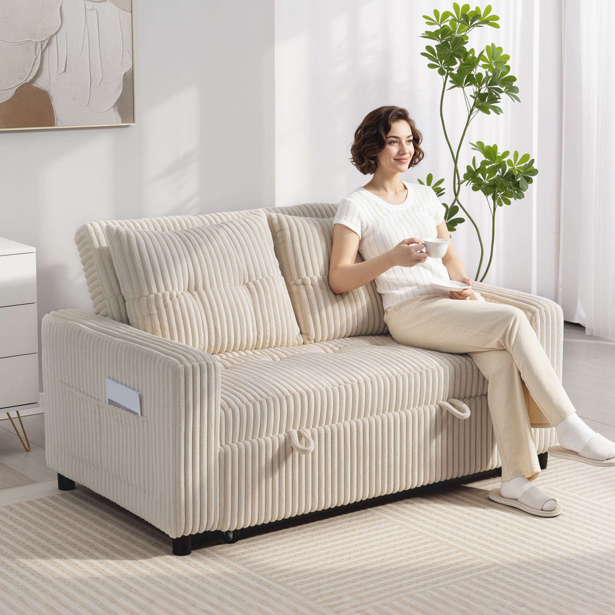 2-Sitzer Sofabett, Cordbezug, zum Schlafsofa umwandelbar, 2 Kissen, Seitentaschen, 157 x 190 cm, Cremeweiß
