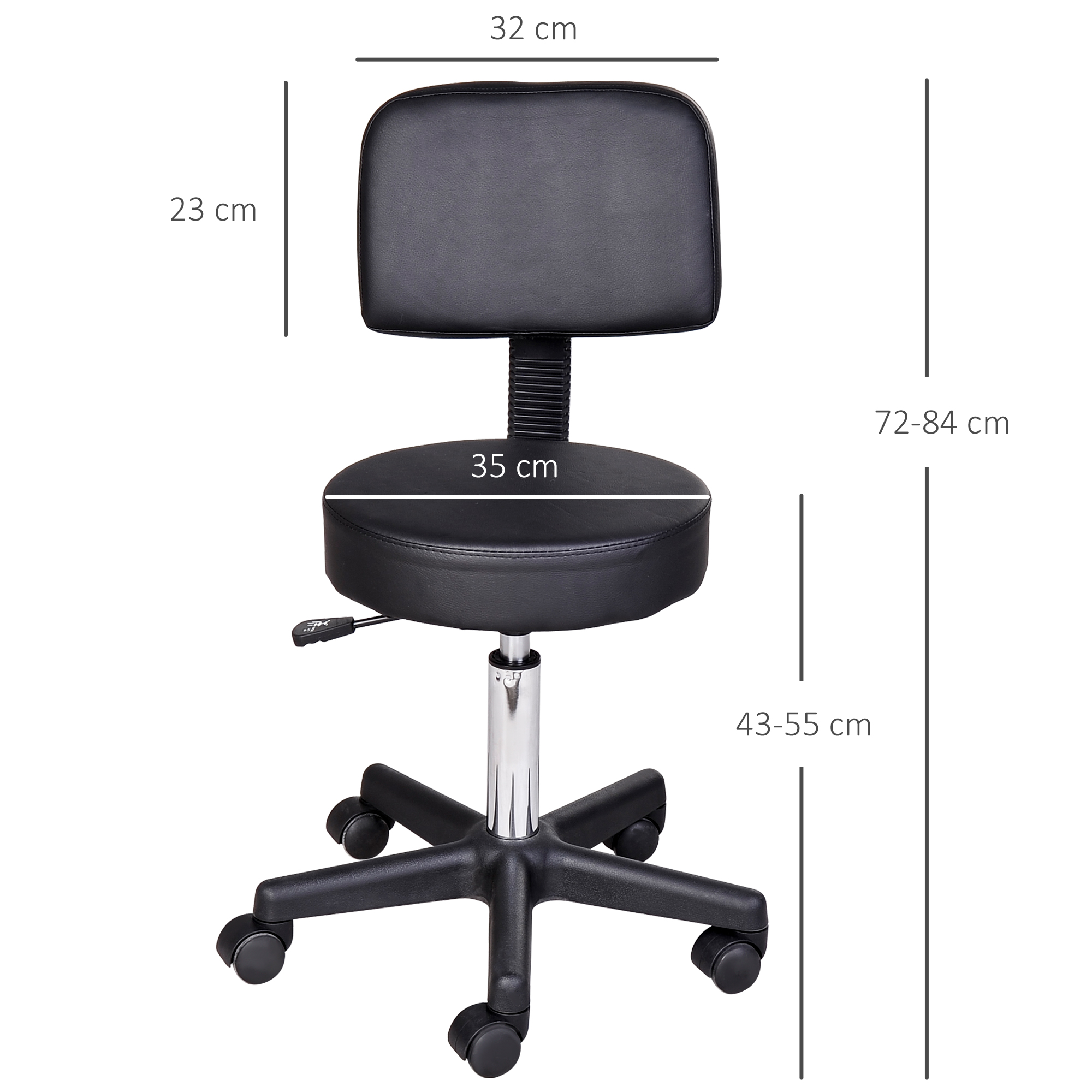 Rollhocker höhenverstellbar mit Rückenlehne Drehhocker 72-84 cm Arbeitshocker 360° drehbar Bürohocker für Büro Salon Massage Spa Schwarz