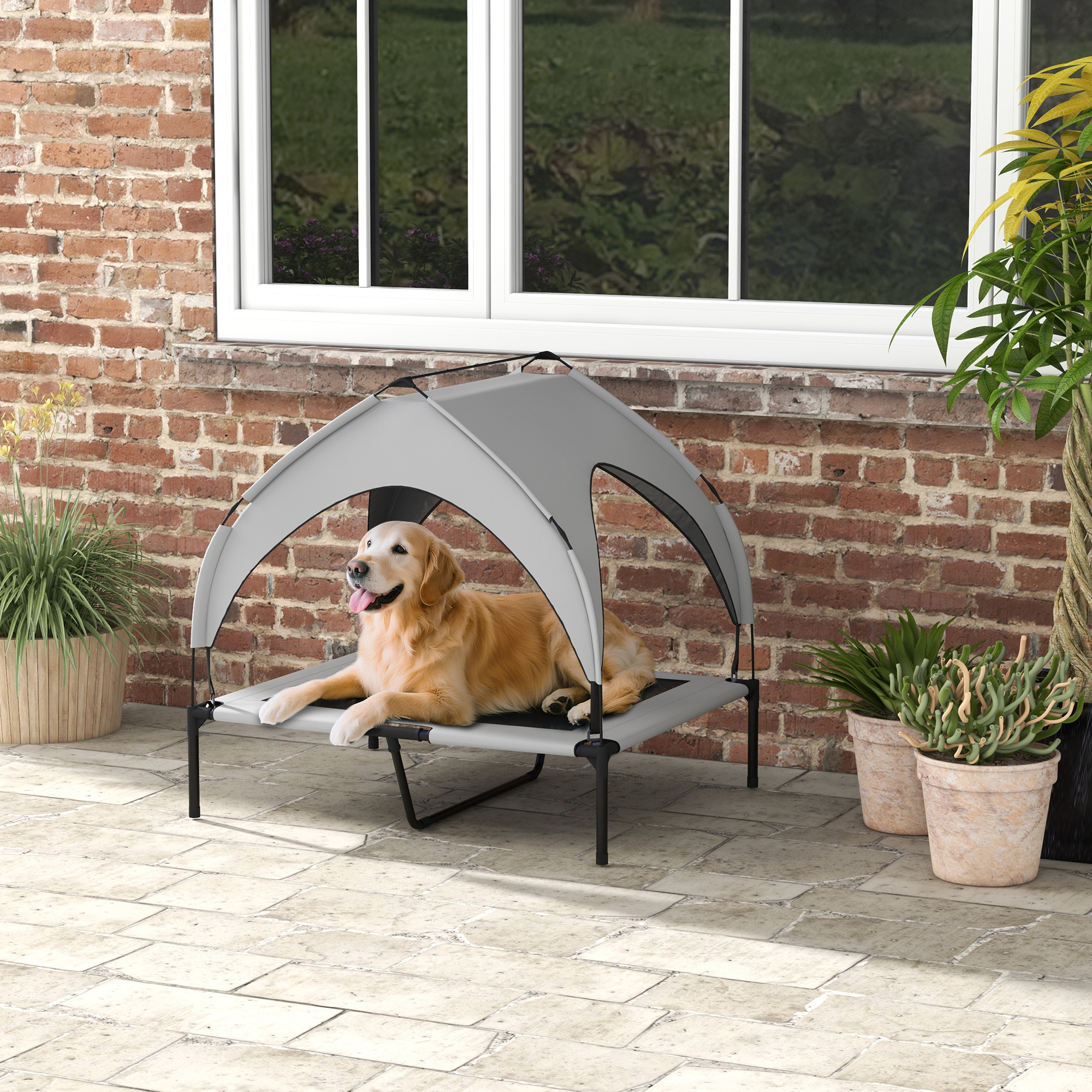 Hundebett mit Dach, atmungsaktiv, wasserabweisend, bis 30 kg, 91 x 76 x 89 cm, Hellgrau