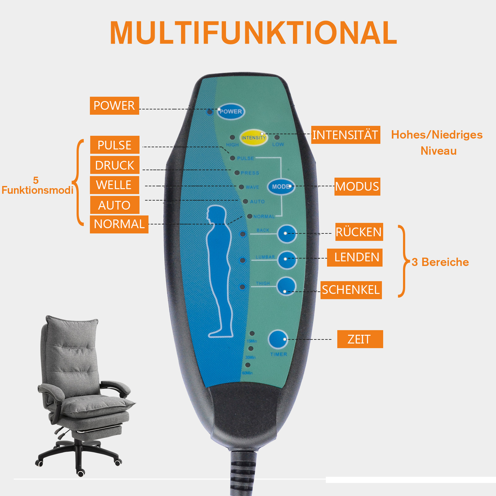 Massage-Bürostuhl, Schreibtischsessel mit Massagefunktion, höhenverstellbarer, ergonomischer Drehstuhl, Nylon, Grau