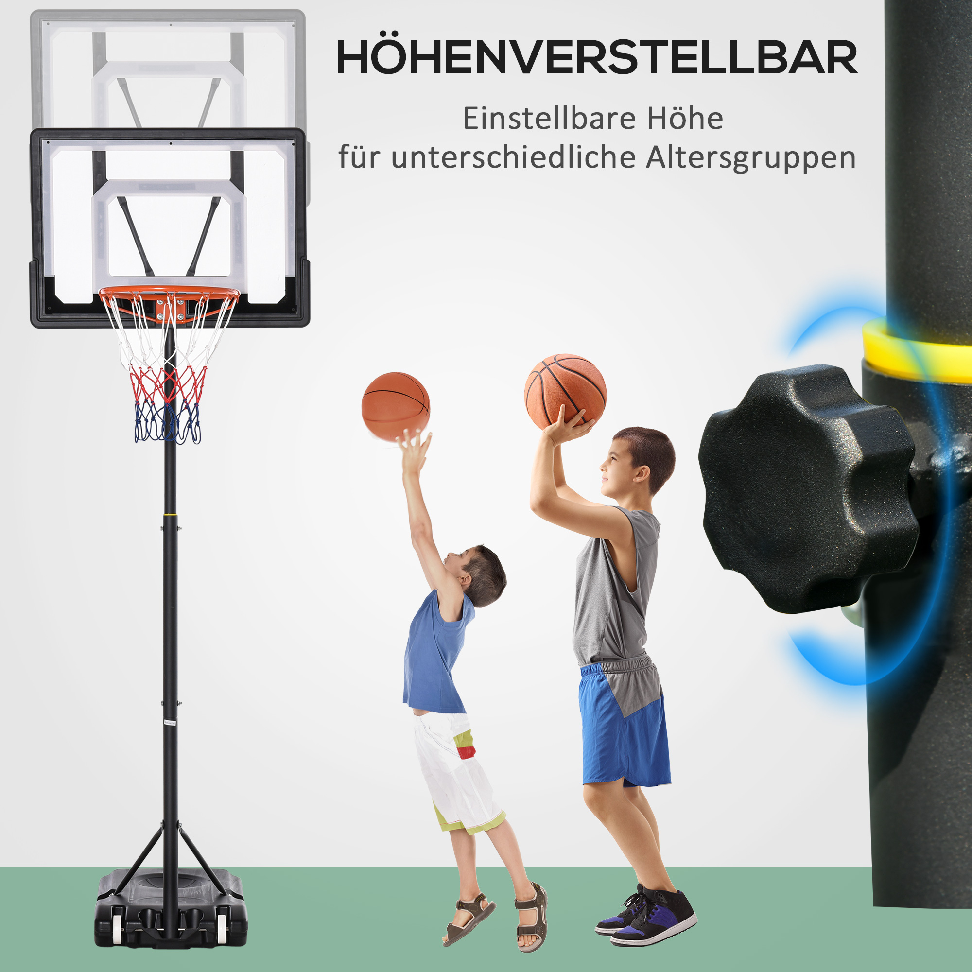 Basketballständer mit Rollen 83x55cm Rückwand, Mobiler Basketballkorb mit Ständer, verstellbare Korbhöhe 156 bis 210 cm, Basketballanlage für Jugendliche, fürs Außenbereich