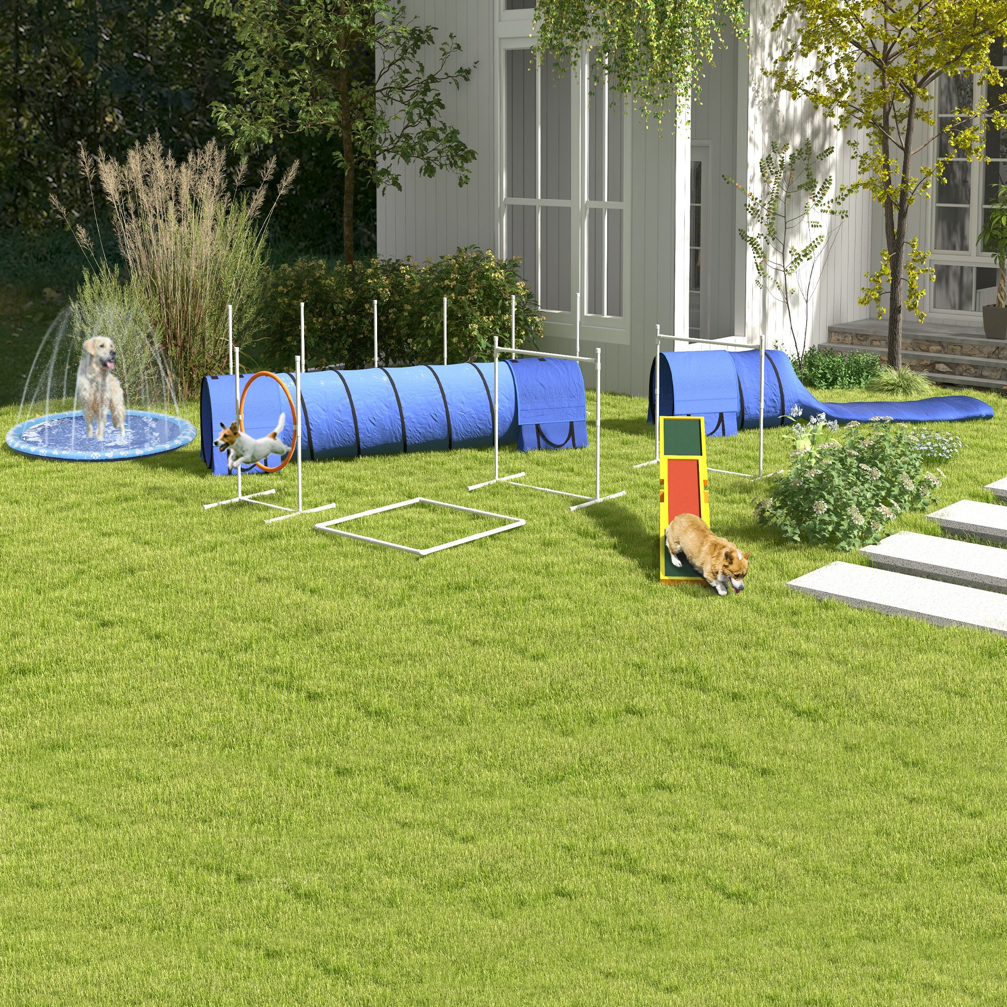 Hunde-Agiliy-Set Hundeparcours, 1 Reifen,  2 Tunnel 2 Hürden, 321 cm x 63c m x 93 cm, Blau + Rot+ Weiß