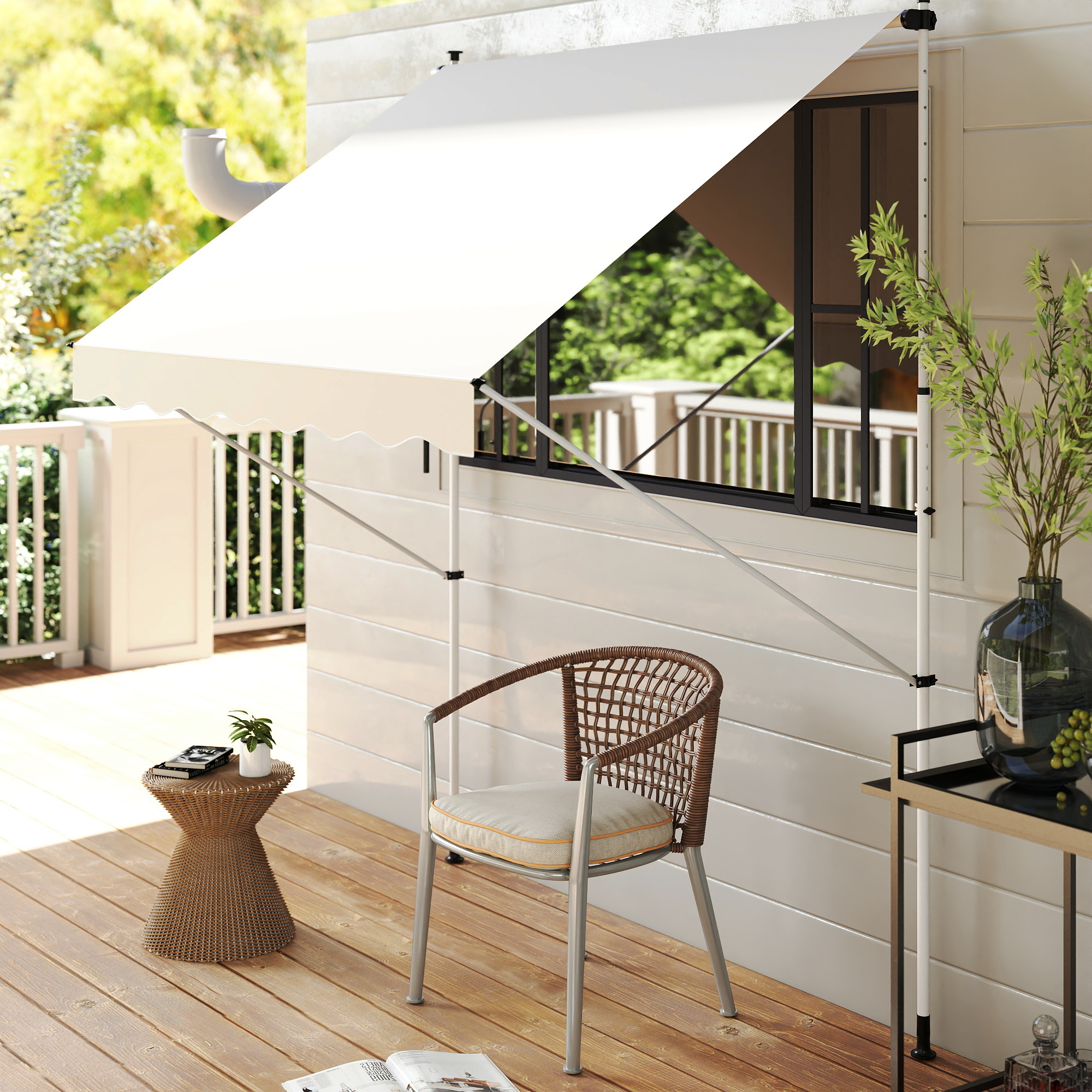 Klemmmarkise mit Handkurbel höhenverstellbar Gelenkarmmarkise schmutzabweisend, witterungsbeständig Balkonmarkise 150cm breit Terrassenmarkise für Terrasse Balkon Veranda Beige