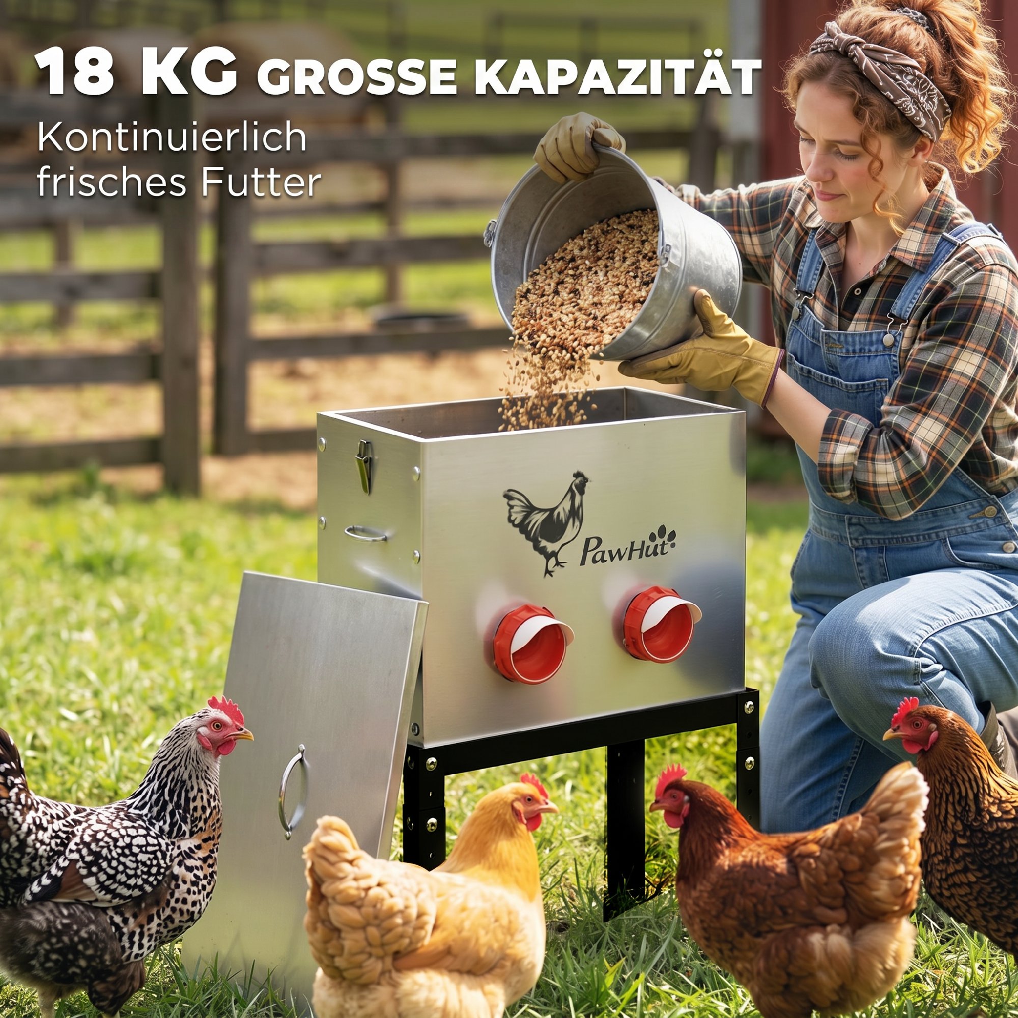 Futterautomat Hühner 18 kg Füllmenge mit abschließbarer Deckel verstellbarer Beine 6 Öffnungen 42x25x55,5 cm Silber