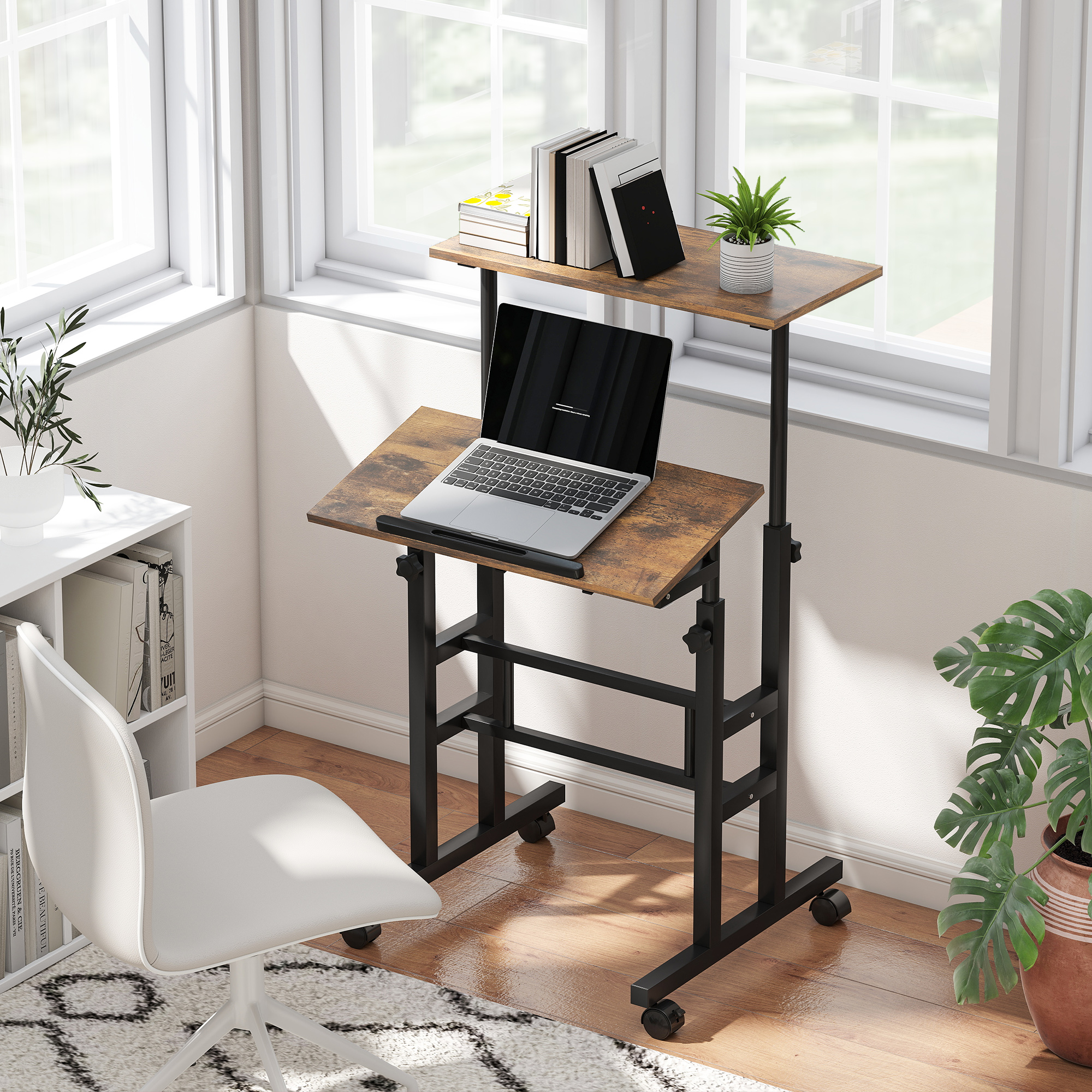 chreibtisch Höhenverstellbar Küchentisch mit Regal, Rollen, Computertisch Rustikal Braun 60 x 60 x 70,5-120 cm