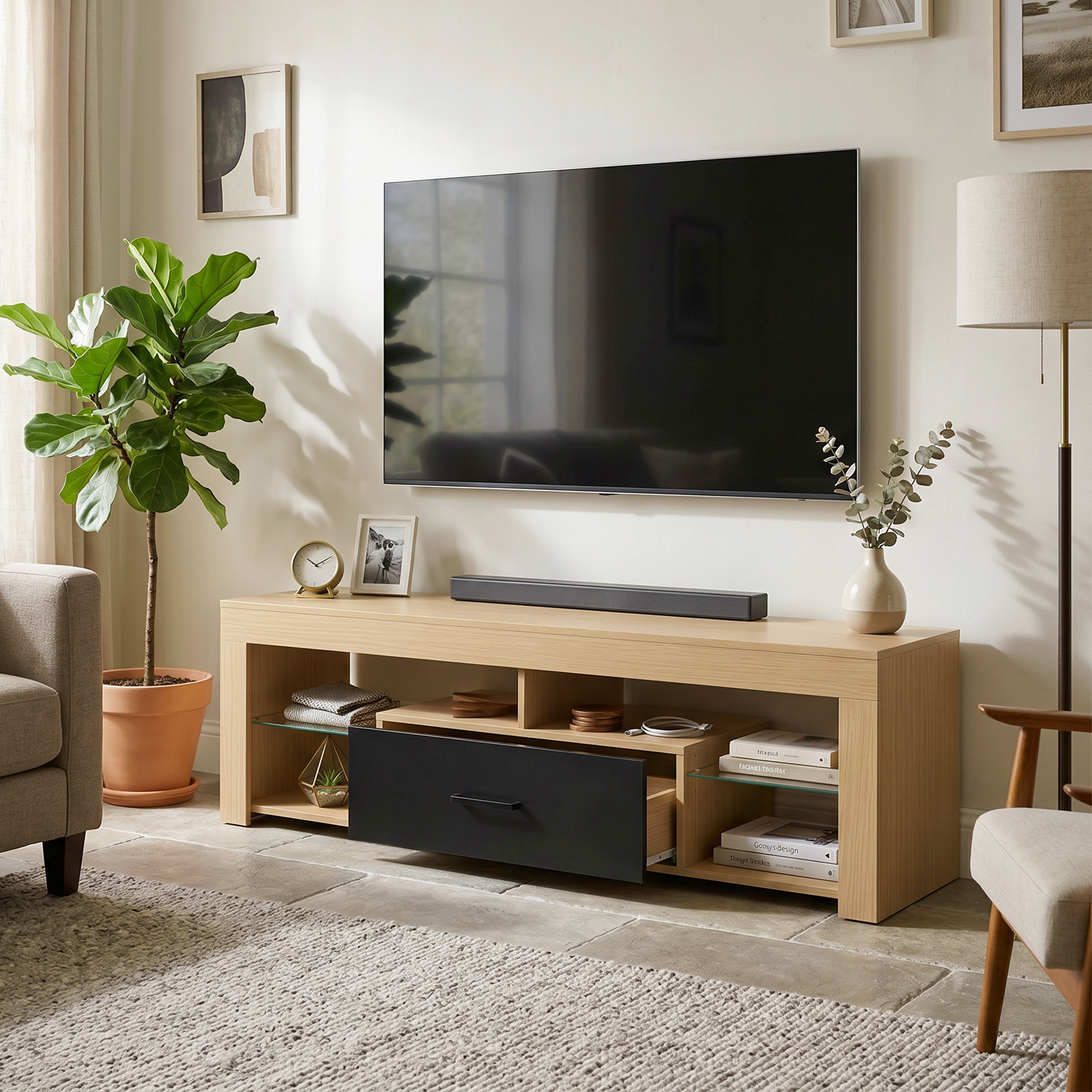 TV-Lowboard für Fernseher bis 65 Zoll, moderner TV-Schrank mit verstellbaren Glasböden, Eiche