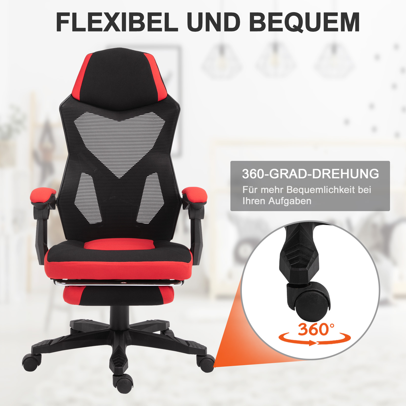 Ergonomischer Bürostuhl, Gaming Stuhl, Drehstuhl mit Fußstütze, PC Stuhl, Chefsessel,  höhenverstellbar, Polyester, Schwarz+Rot,58 x 63 x 112-122 cm