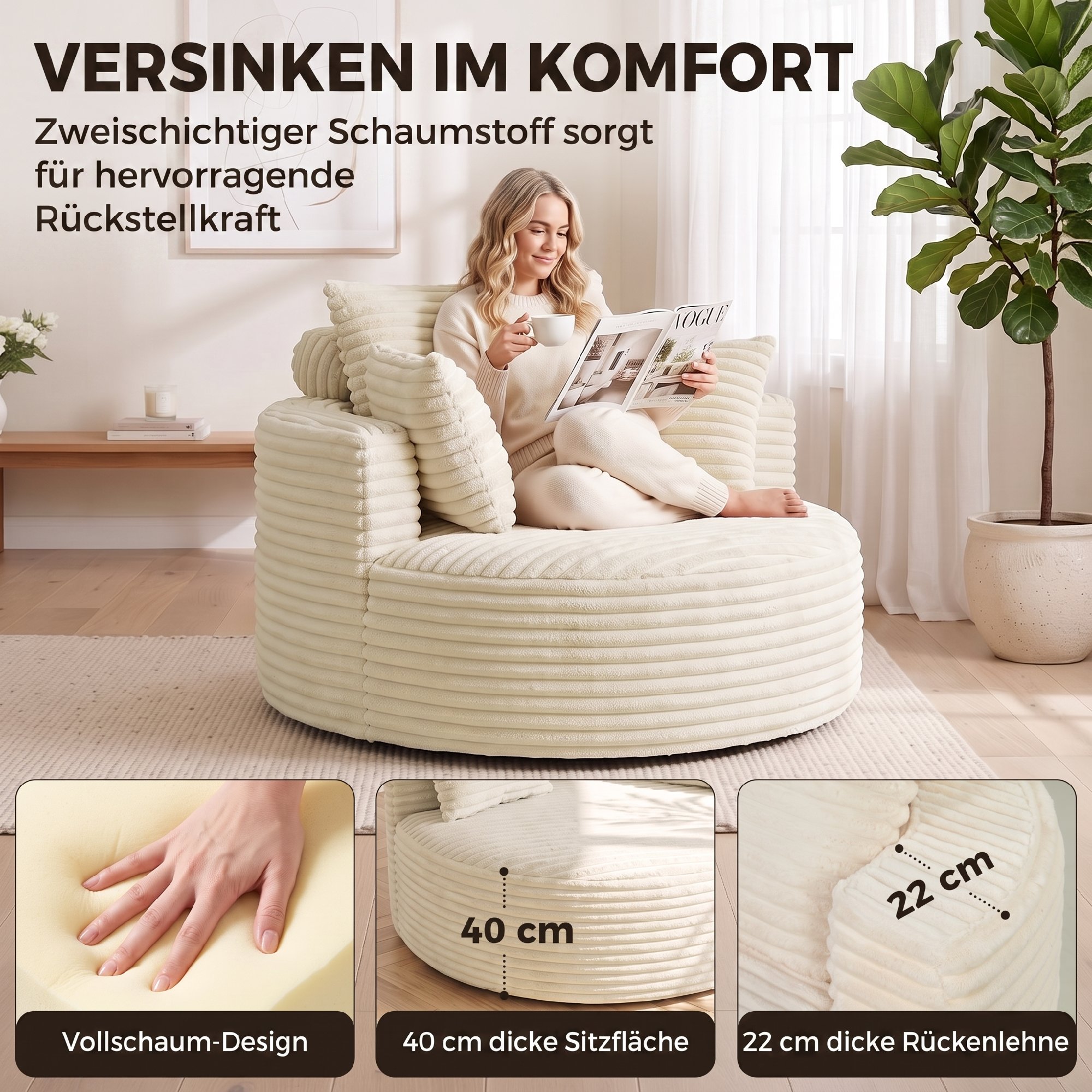 Sessel mit tiefer Sitzfläche, Einzelsofa ohne festen Rahmen, Vollschaum-Design, 4 Kissen, Cremeweiß