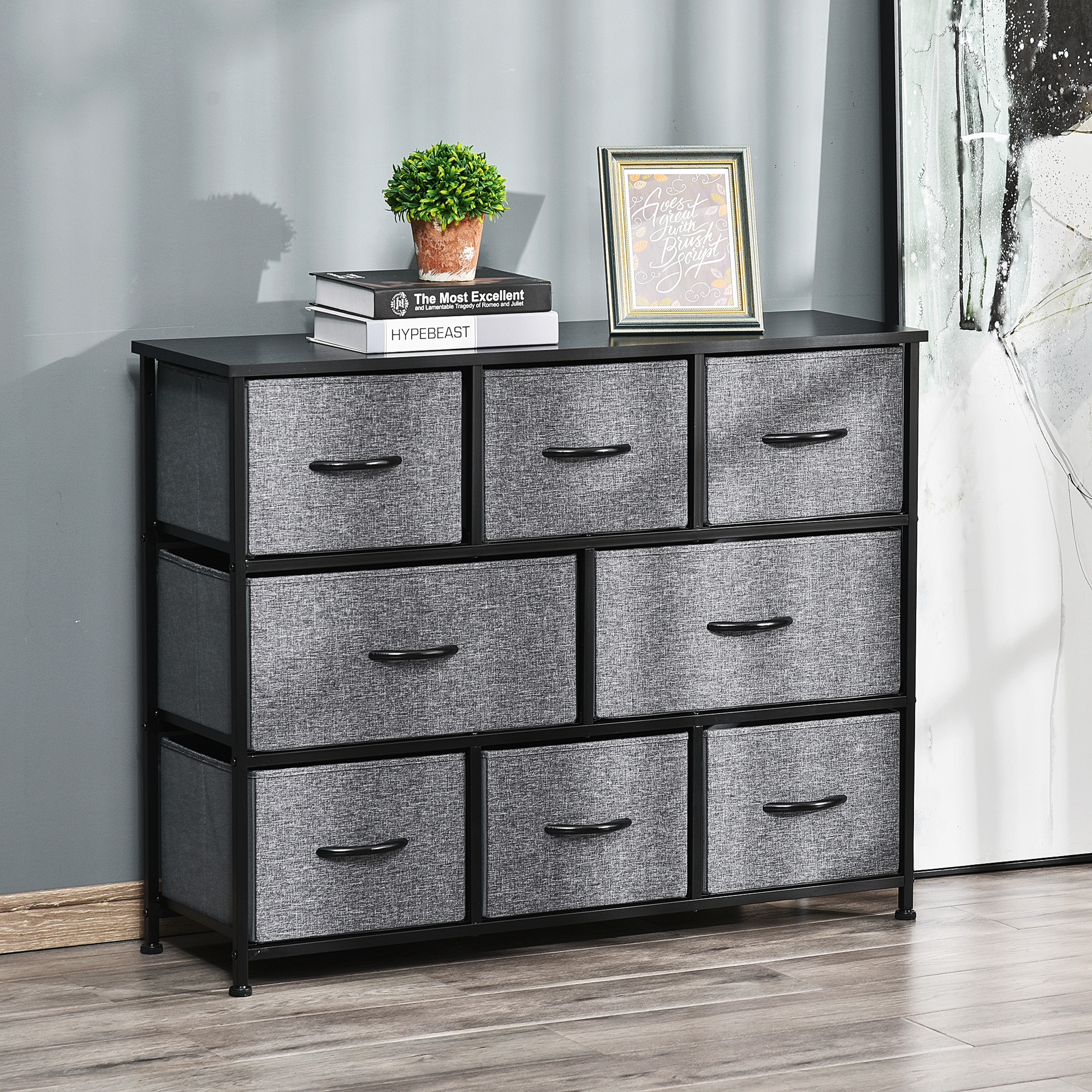 Kommode mit 8 Stoffschubladen, 2 große, 6 kleine, Metallrahmen, Kippschutz, Grau