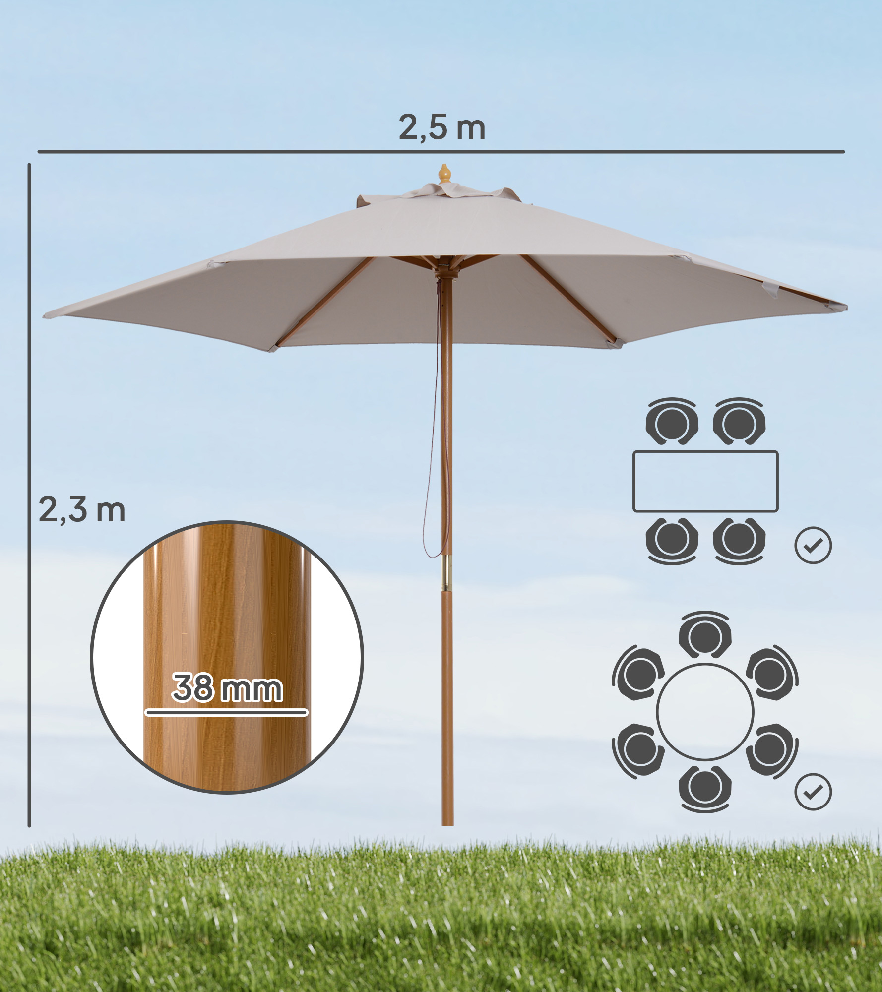 Sonnenschirm Ø 250 cm, Sonnenschirm mit Seilzugmechanismus Balkonschirm Strandschirm aus Bambus windfest Marktschirm Sonnenschutz für Balkon Terrasse Garten, Grau