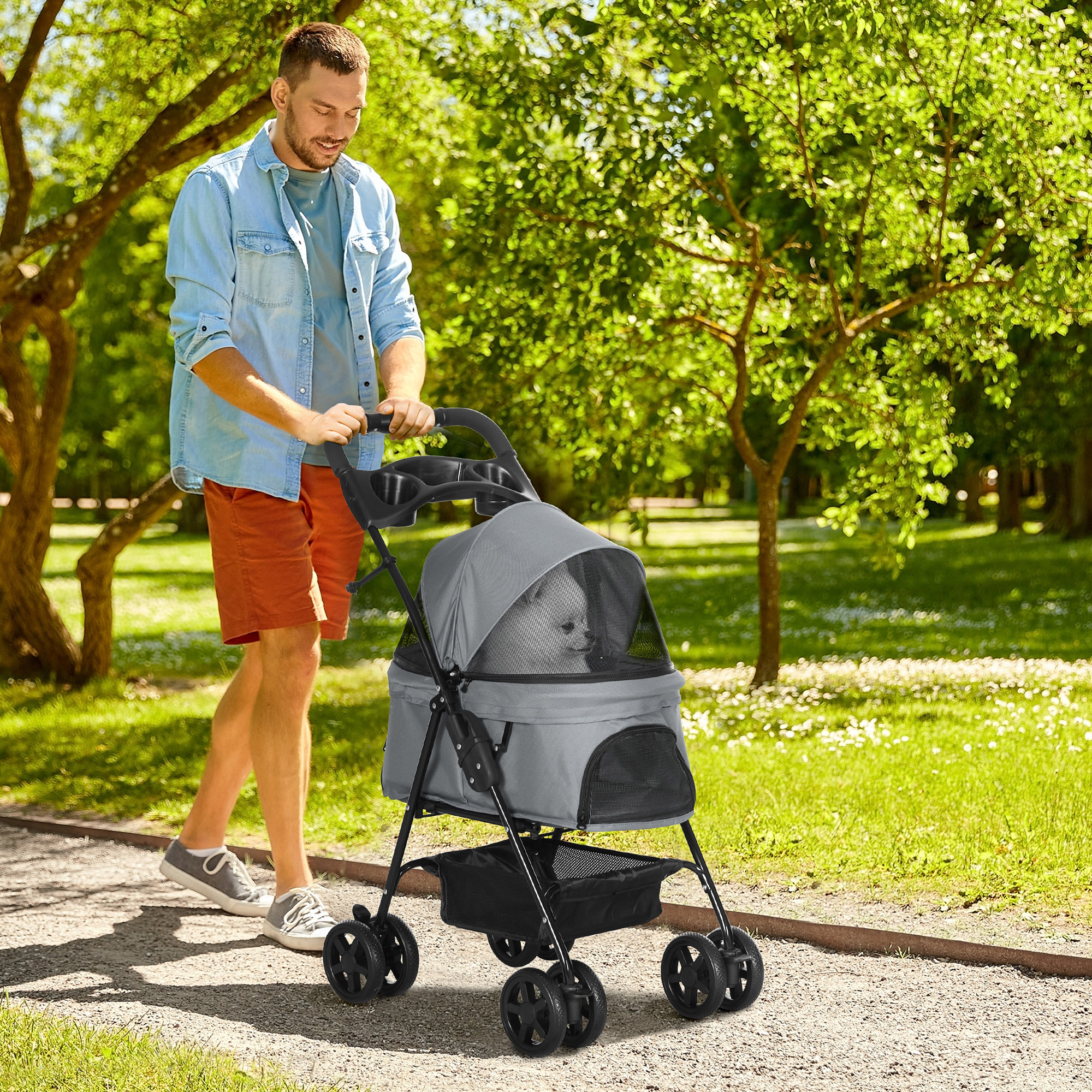 Hundebuggy Hundewagen bis 4 kg Klappbar Netzfenster Bodenkorb Becherhalter abnehmbares Dach grau 67 x 45 x 96 cm