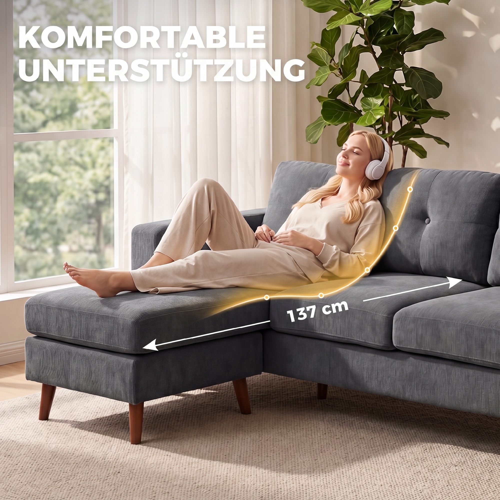 Ecksofa 192 cm L-Form 3-Sitzer Sofa mit umkehrbarer Chaiselongue, Cord-Optik, für kleinen Raum, Dunkelgrau