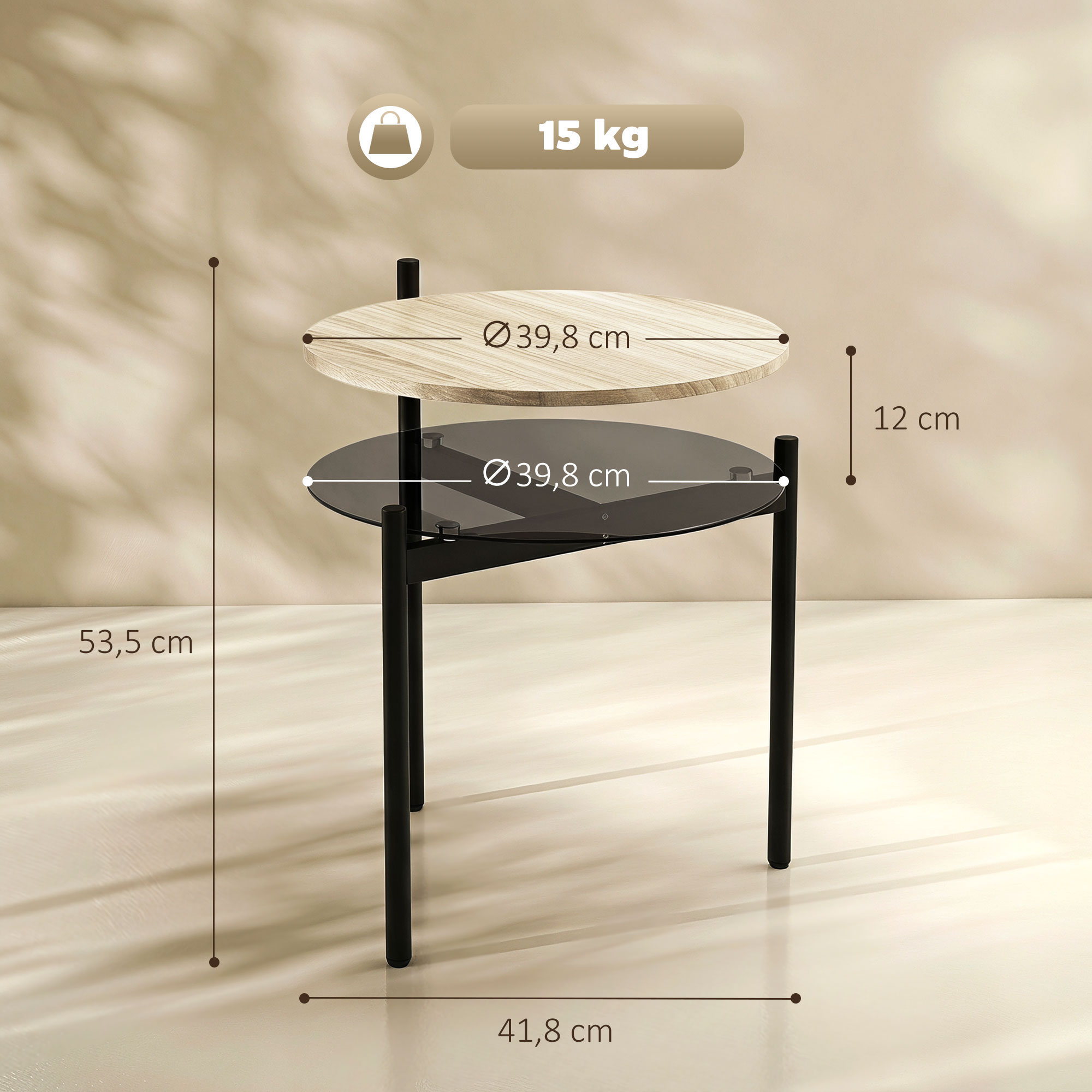 runder Beistelltisch mit offener Glasablage für kleine Räume, Wohnzimmer, Schlafzimmer, 41,8 x 39,8 x 53,5 cm, Eiche