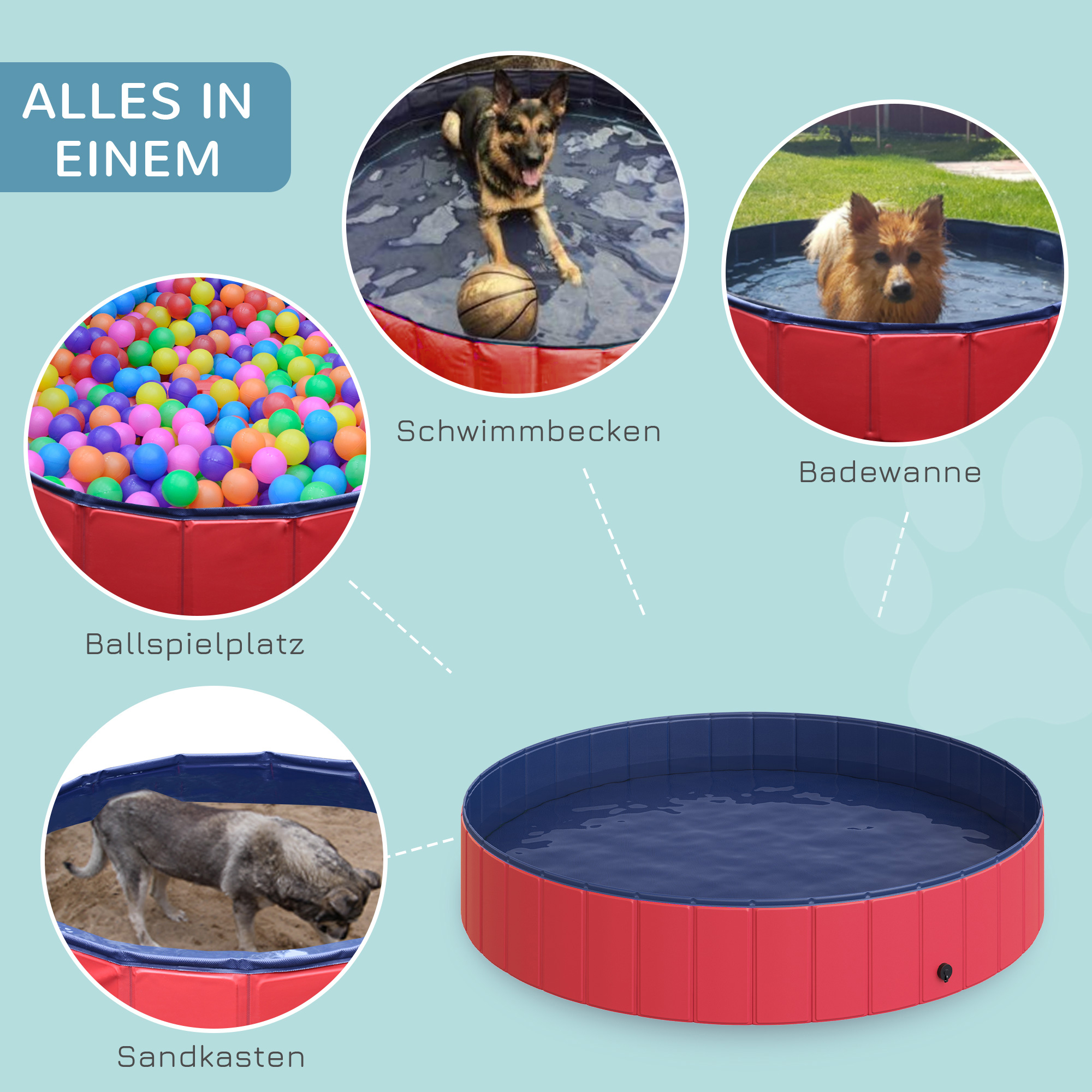 Hundebadewanne faltbar Badewanne Hundepool Plantschbecken Swimmingpool Wasserbecken für Hunde und Katzen Schwimmbecken Kunststoff+Holz Rot Ø160 x 30H cm