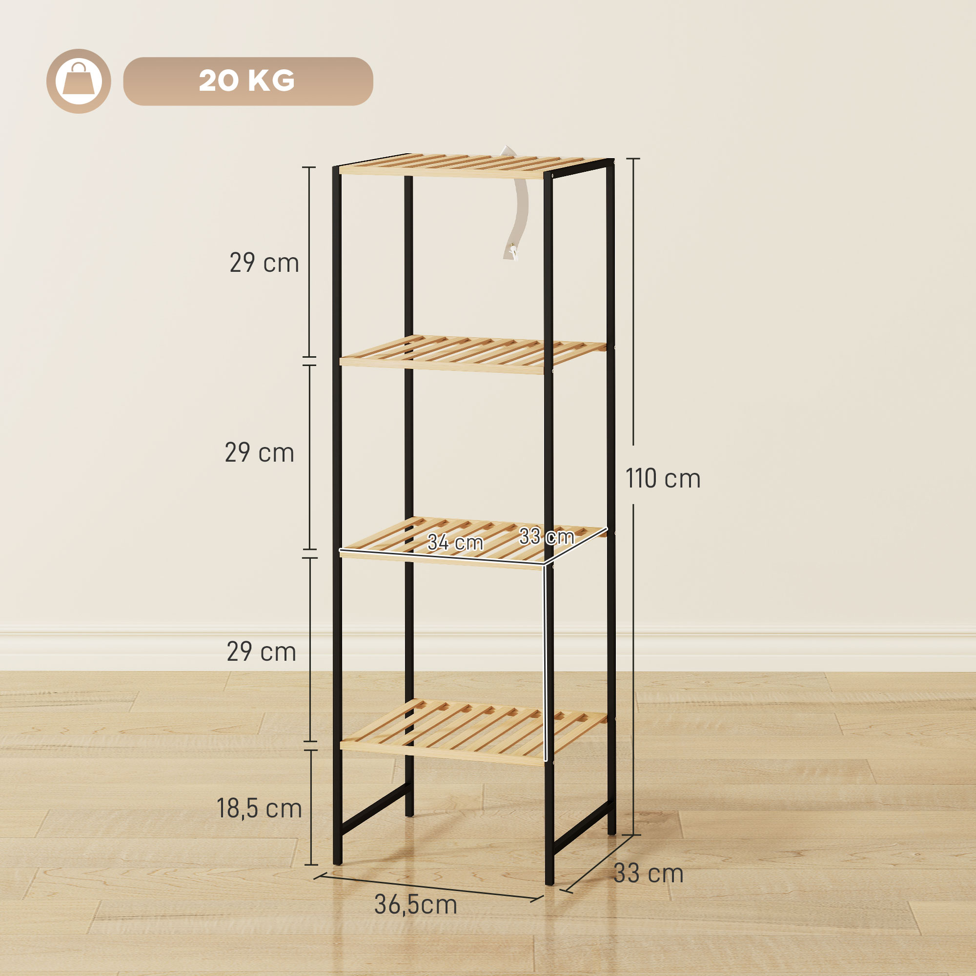 Standregal Badregal aus Bambus und Stahl, mit 4 Ablagen, 4-stöckiges Bücherregal, 36,5 x 33 x 110 cm, Natur