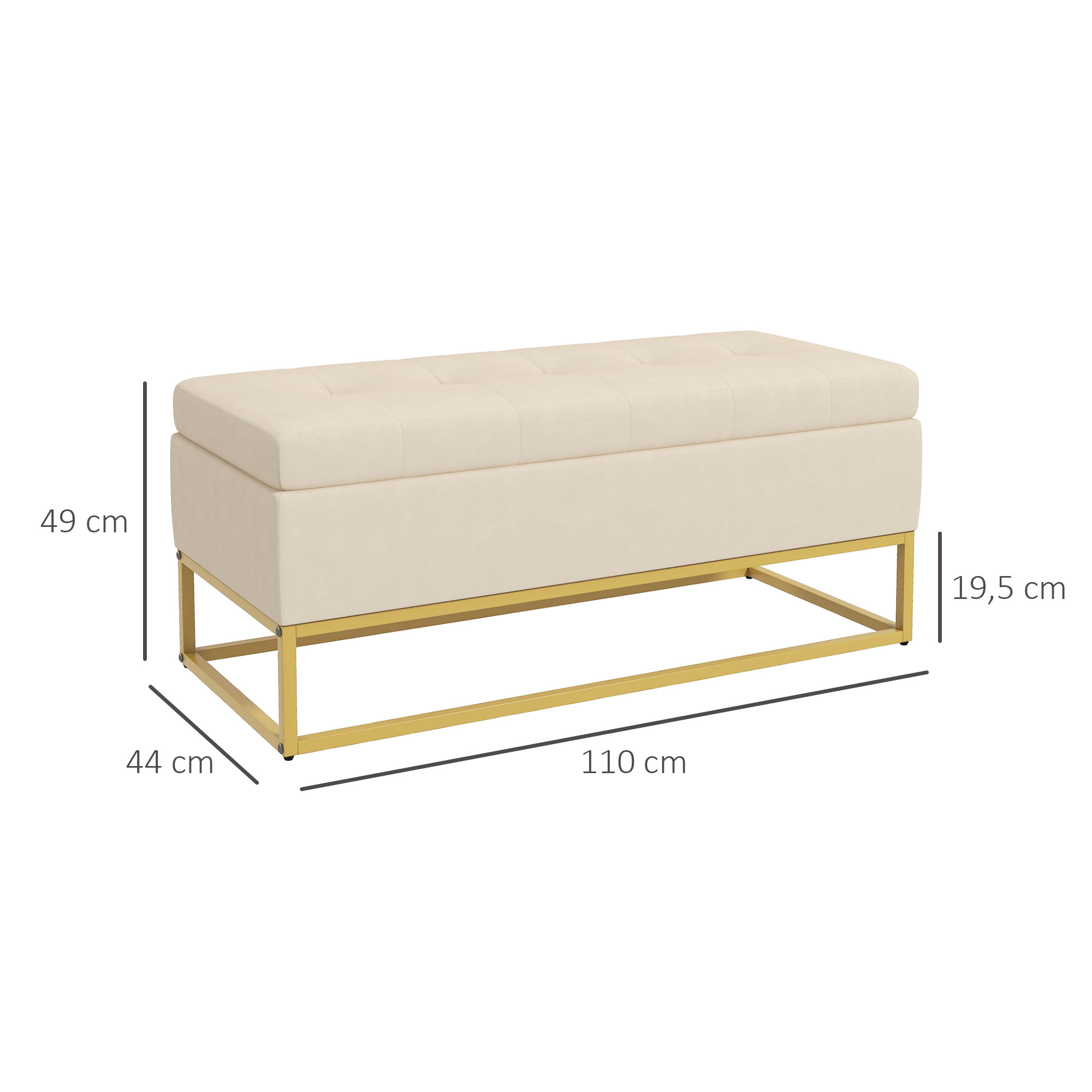 Sitzbank mit Stauraum, dekorative Knopfheftung, Flanelloptik, goldfarbene Stahlbeine, 110 x 47 x 46,5 cm