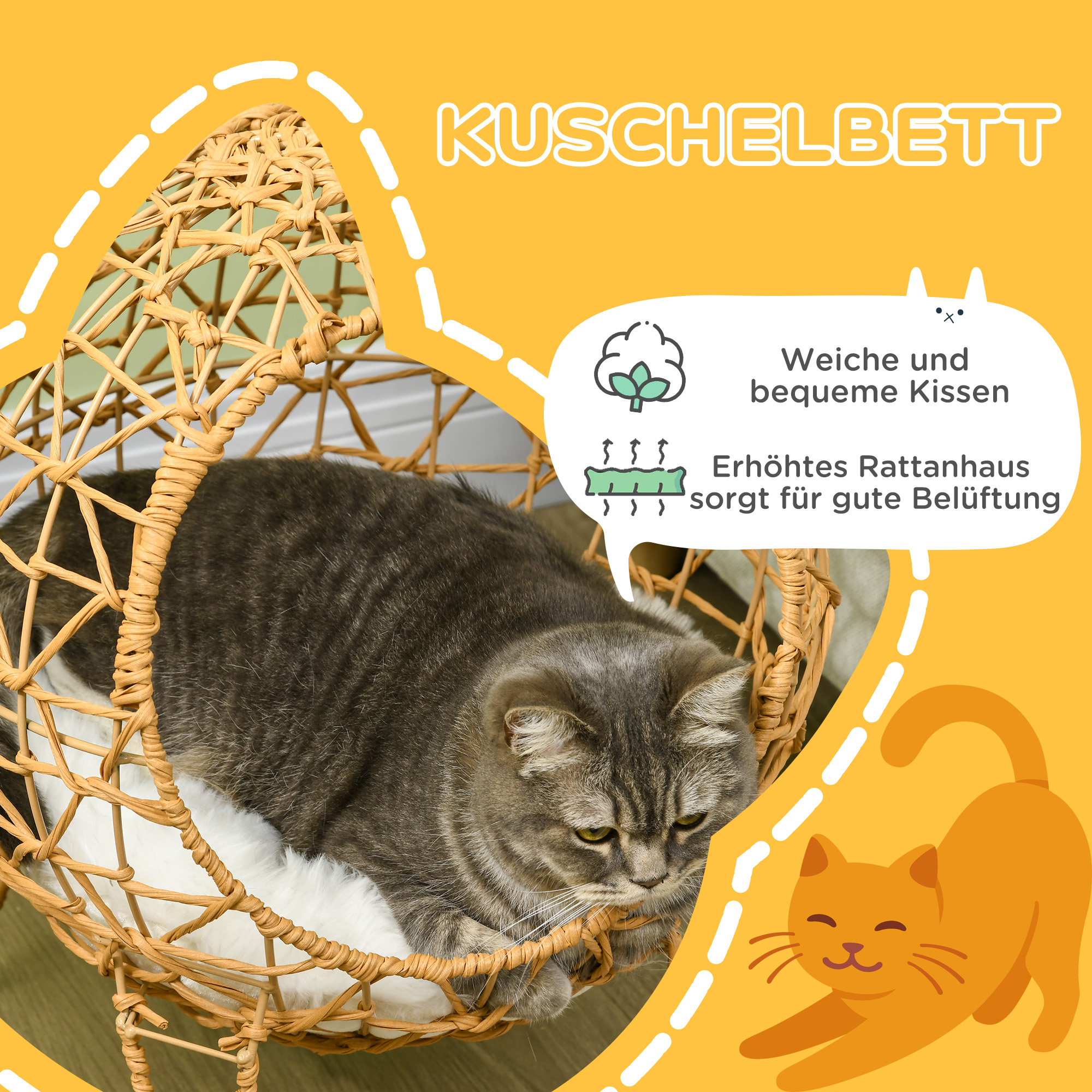 Rattan Katzenkorb Katzenhöhle Katzenhütte Katzenbett mit Kissen erhöhtes Design Haustierbett Braun Ø45 x 57H cm