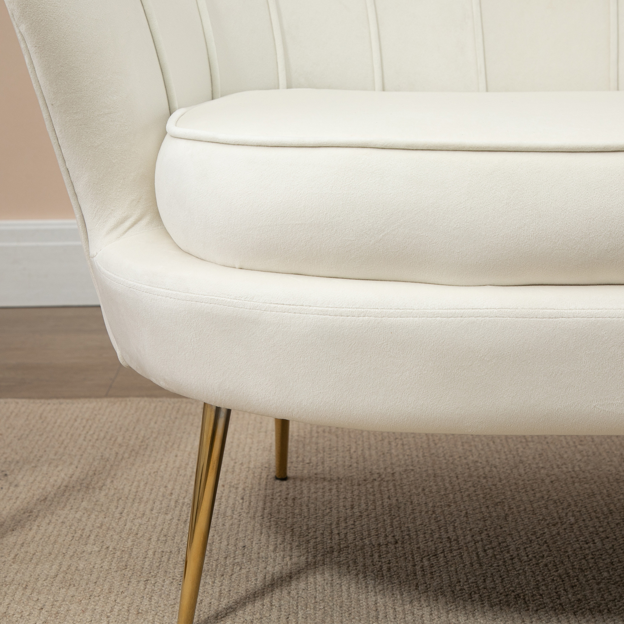 Vintage 2-Sitzer Sofa, Couch, Polstermöbel, Samtoptik, bis 150 kg, Creme/Gold