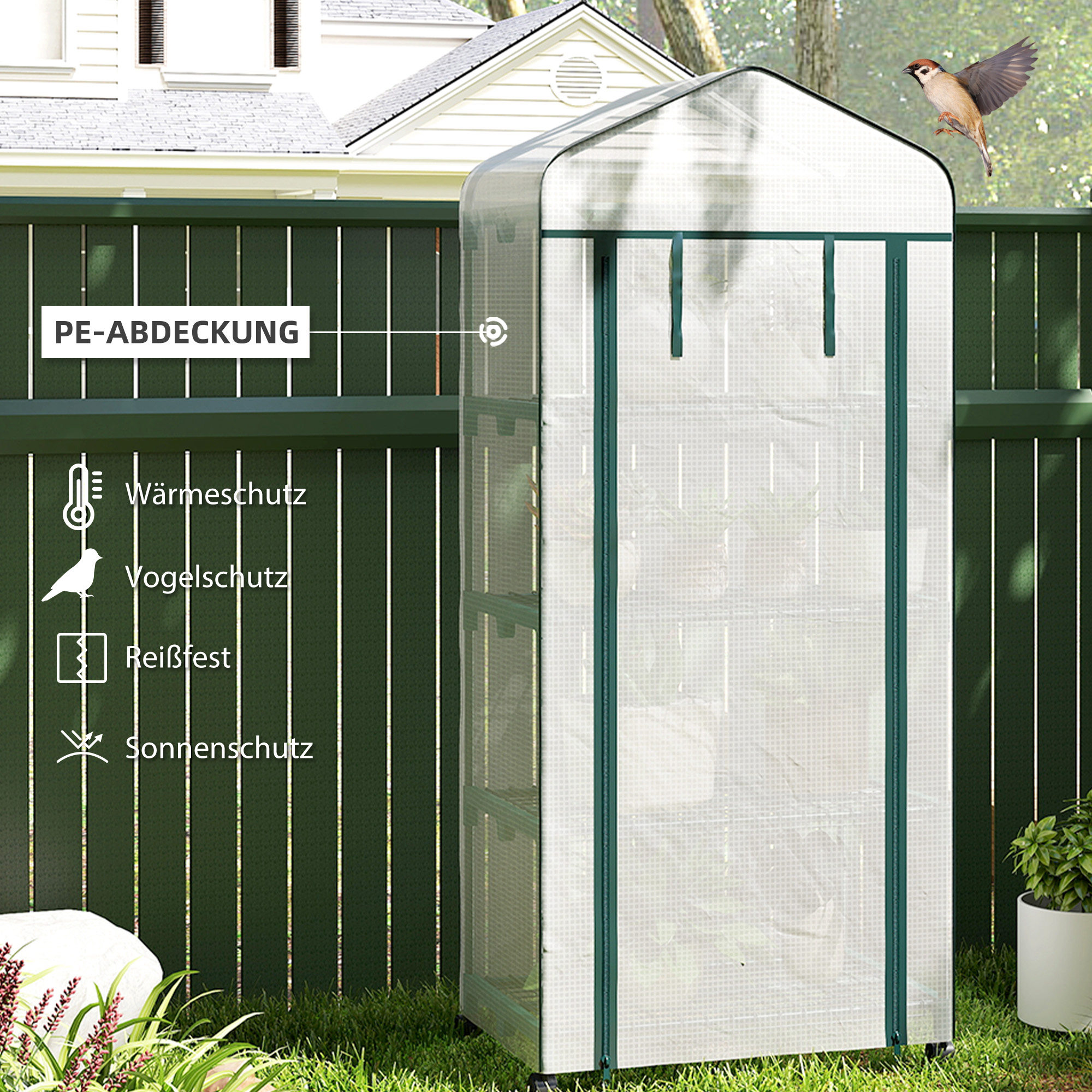 Folien-Gewächshaus, Treibhaus, Mini-Gewächshaus, Pflanzenhaus, Frühbeet, 4 Regalfächer, 69 x 50 x 165 cm, Weiß