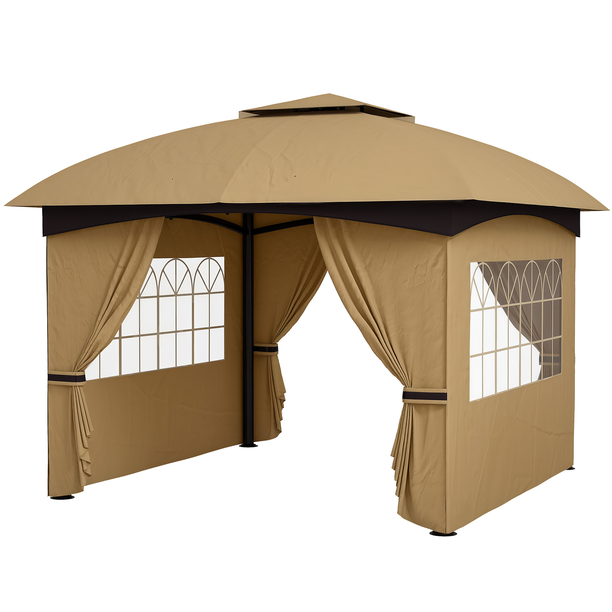 3,4 x 3,4 m Gartenpavillon, Bierzelt mit Lüftungsdach, Bogenfenstern, Stahlgestell, Beige