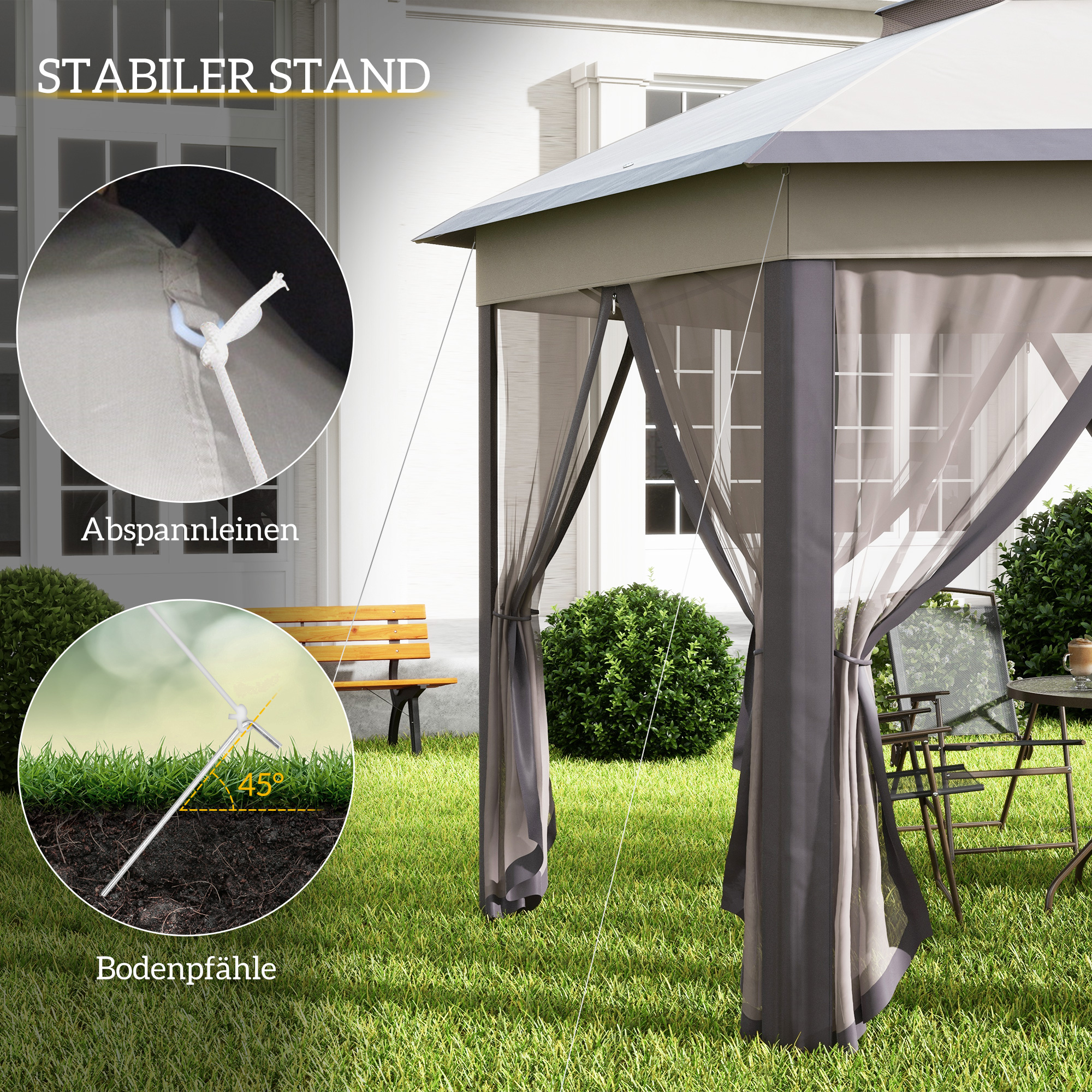 Gartenpavillon Faltpavillon 4 x 4 m Pop-Up-Zelt Partyzelt inkl. Tragetasche 6 Seitenteile Doppeldach sechseckig Beige