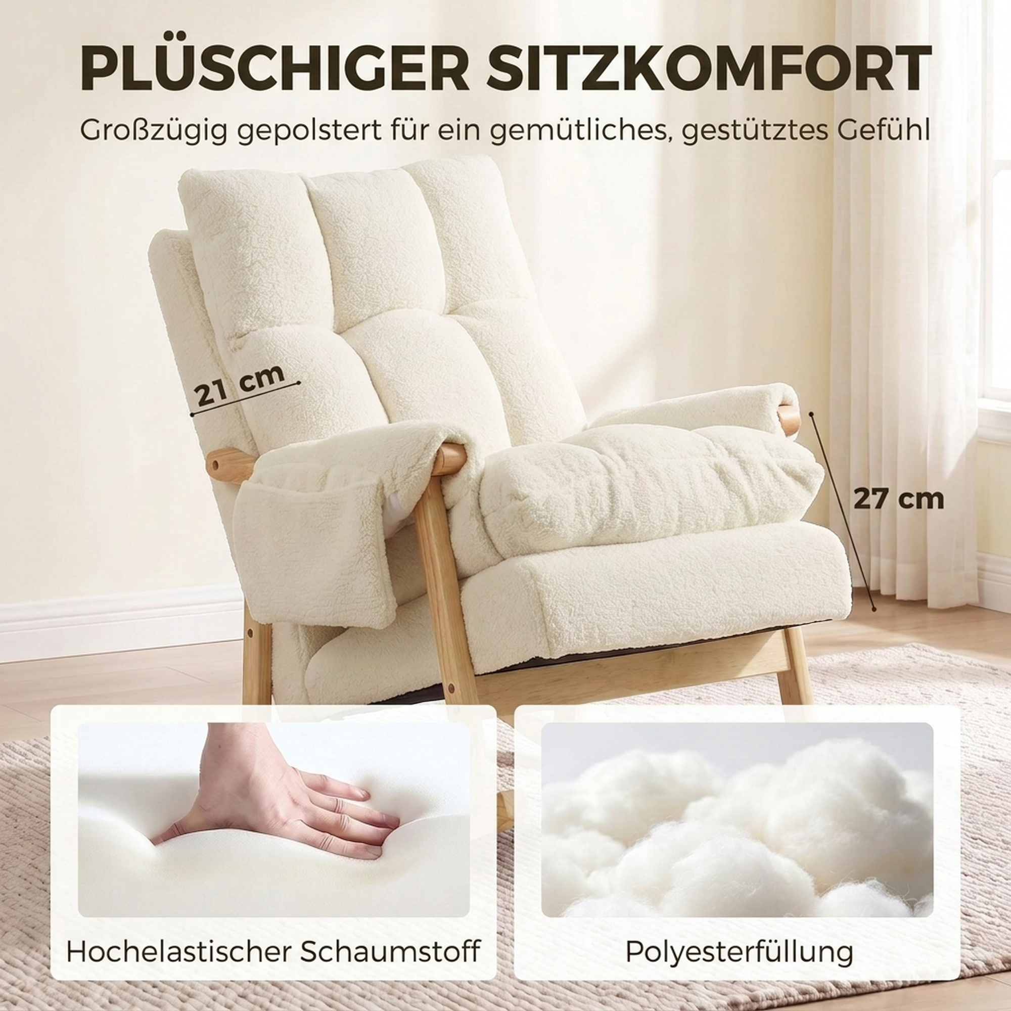 Schaukelstuhl mit Seitentaschen, Snow-Flannel-Bezug und Beinen aus Gummibaumholz, cremeweiß