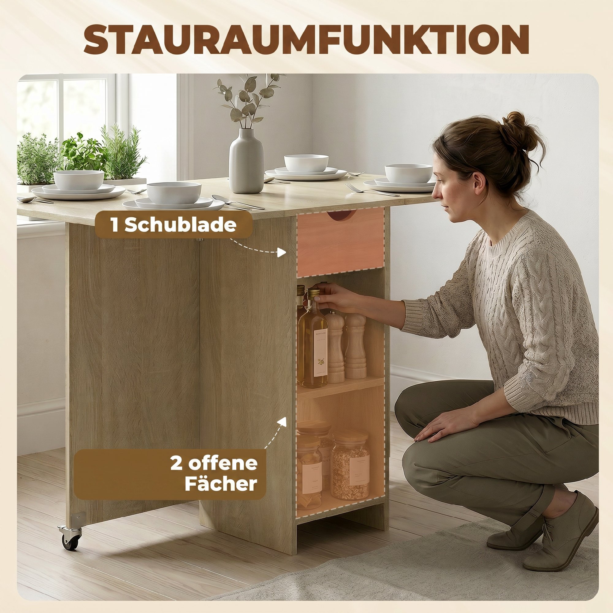 klappbarer Esstisch für 2-4 Personen, Rollbarer Tisch mit offenem Fach und Schublade, ideal für kleine Räume, Natur